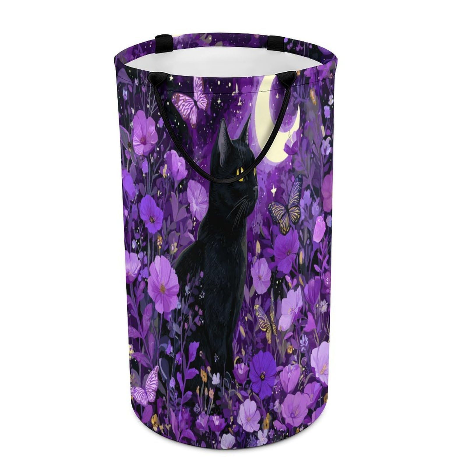 LUYYSKY Fantasy Gothic Black Cats Collapsible Dirty Clothes Basket, Beautiful Realistic Moon Animal Cats Butterflies Purple Floral Portable Clothes Storage Basket