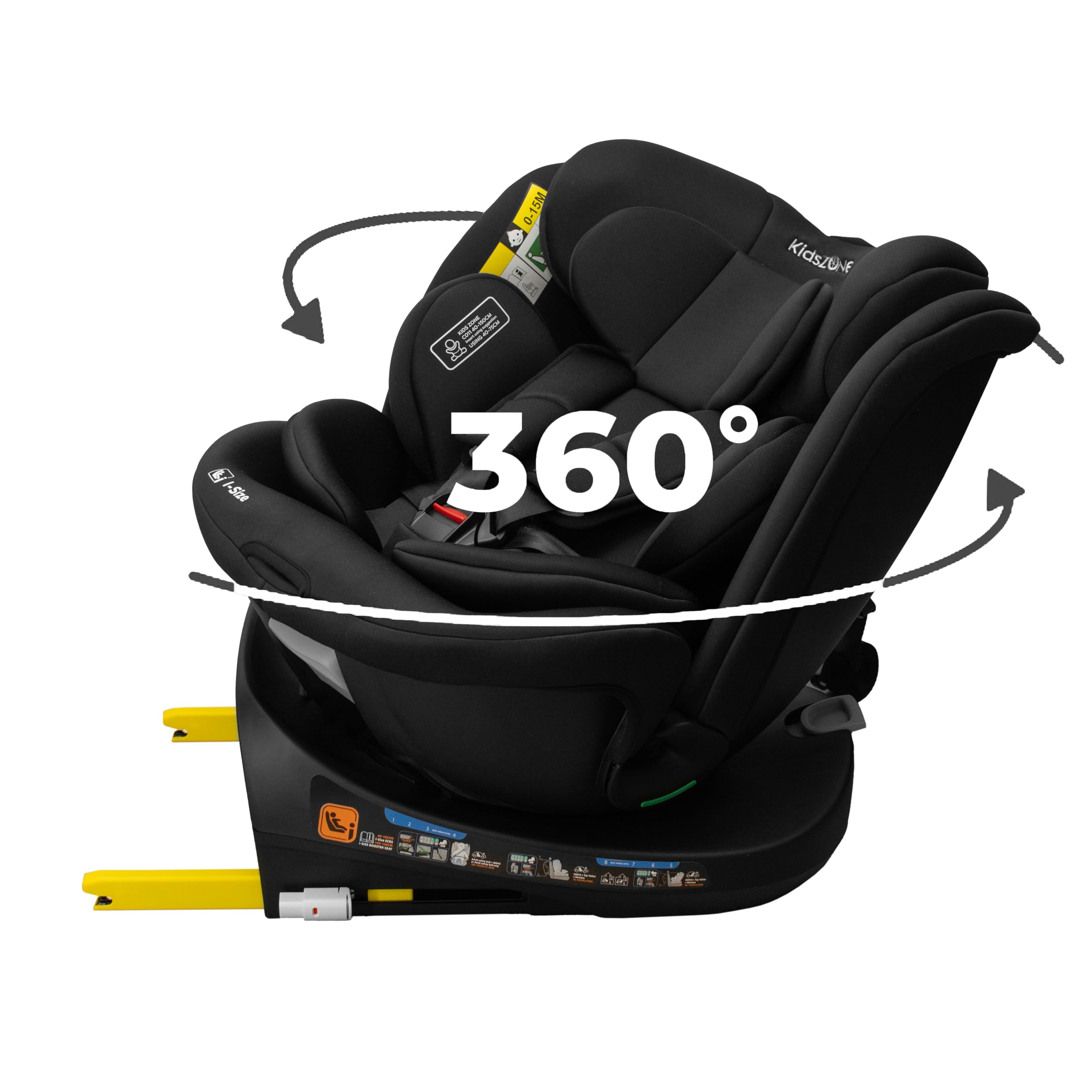 KidsZone C011 Silla de Coche Bebe 0 a 36 kg - Silla Bebe Coche Isofix 0 1 2 3 Giratoria 360°, 0-12 años, 40-150 cm - 8 posiciones de inclinación, Ajuste del reposacabezas 24cm, Negro