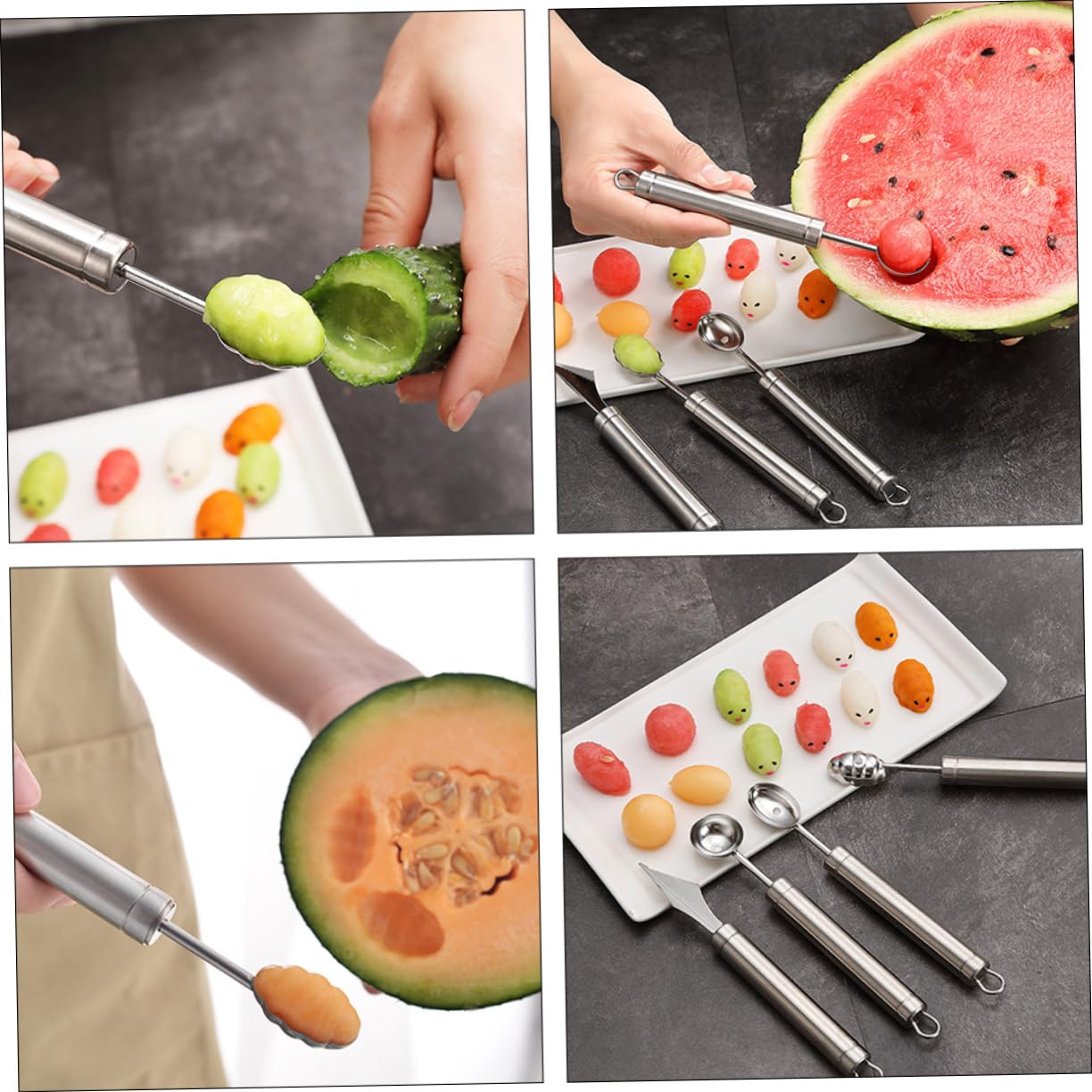 Silber Kugellöffel aus Edelstahl 4 Stück, für Melone | Melonenausstecher, Metall Obstlöffel, Einfache Handhabung, Schneller Zugriff, Sicherer Griff, Küchenzubehör