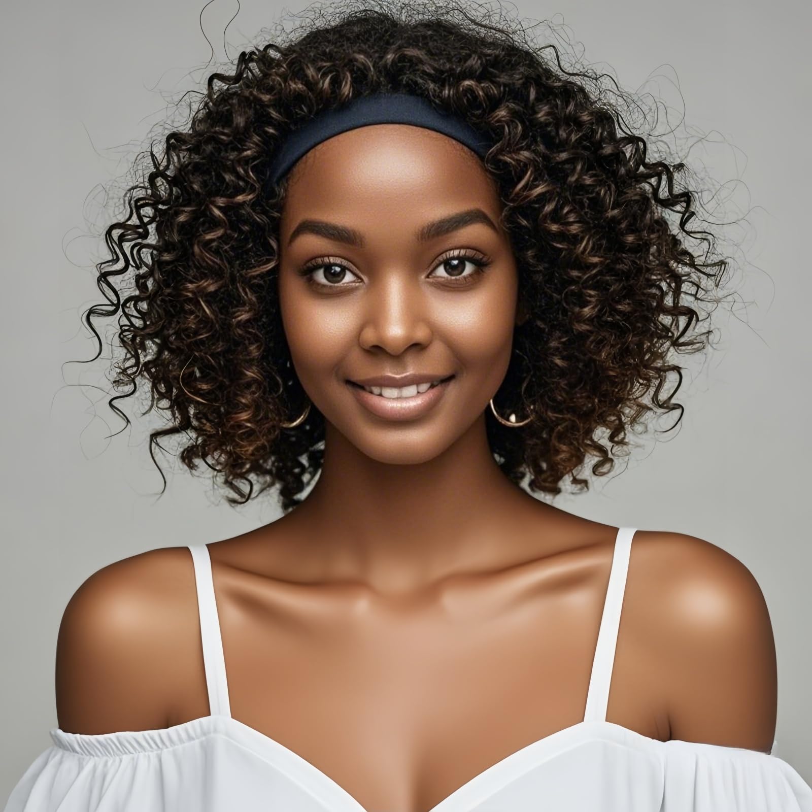 Amikilna Curly Wig Deep Wave None Lace Front Headband Wigs For Black Women Short Brown Synthetic Wigs Natural Color Glueless Curly Wig For Daily or