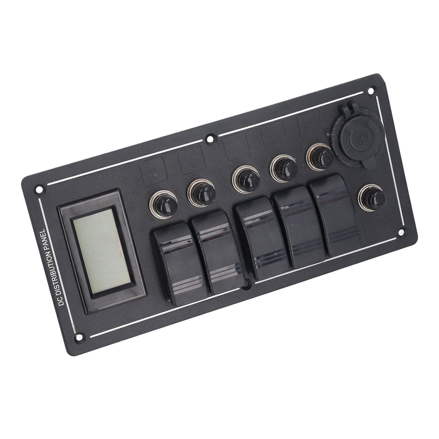 5 Gang Rocker Panel, Marine Boat Panel with Overload Protector, 12V Socket and Voltmeter, Aluminum Alloy ABS Construction for Yacht RV Bus