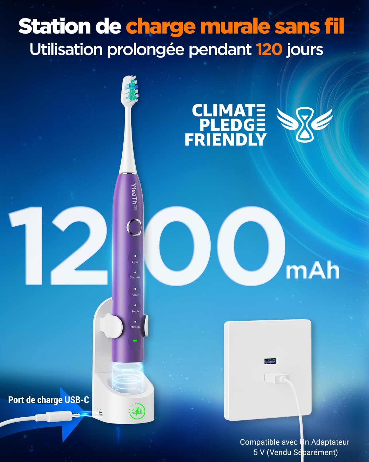 Brosse À Dent Électrique Soniques pour Femme avec 8 Têtes - Brosse A Dent Sonique Adulte avec Étui de Voyage, 5 Modes, Étanche IPX7, Brosse A Dent Electrique de Voyage Rechargeable, Violet Foncé