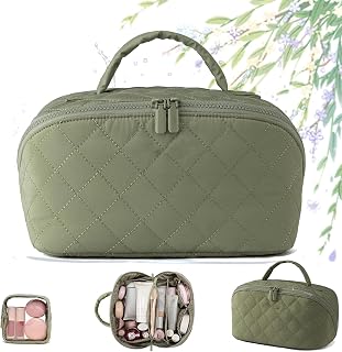 Alkyne Makeup Bag, Water-Resistant Expandable Makeup Bag, Open Lay Flat Travel Cosmetic Case, Large Capacity Pouch for Toiletries & Brushes Large Capacity with Compartments (Green)