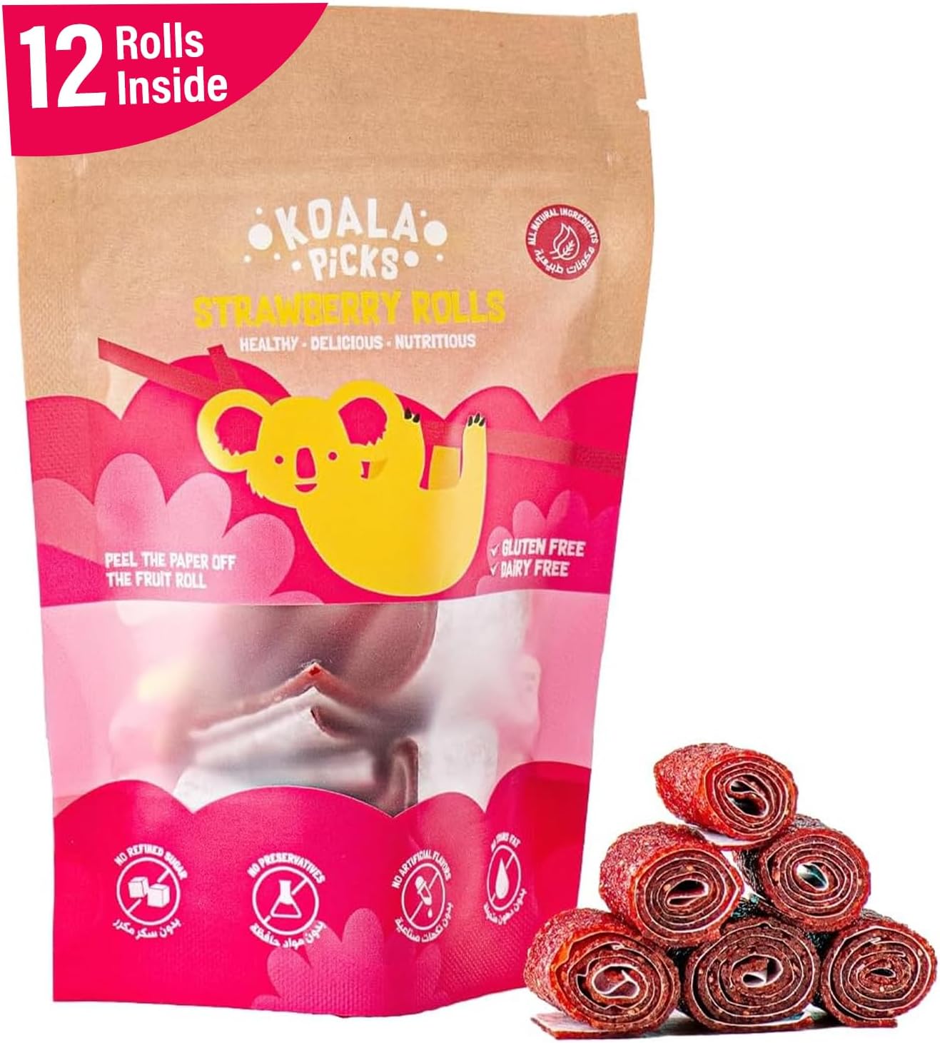 Koala Picks Fruit Rolls 66g - 12pcs Strawberry Rolls, Free from Artificial Flavor, Preservatives, Gluten, Dairy & Refined Sugar - Healthy Snack for Kids, Tasty & Nutritious Treat