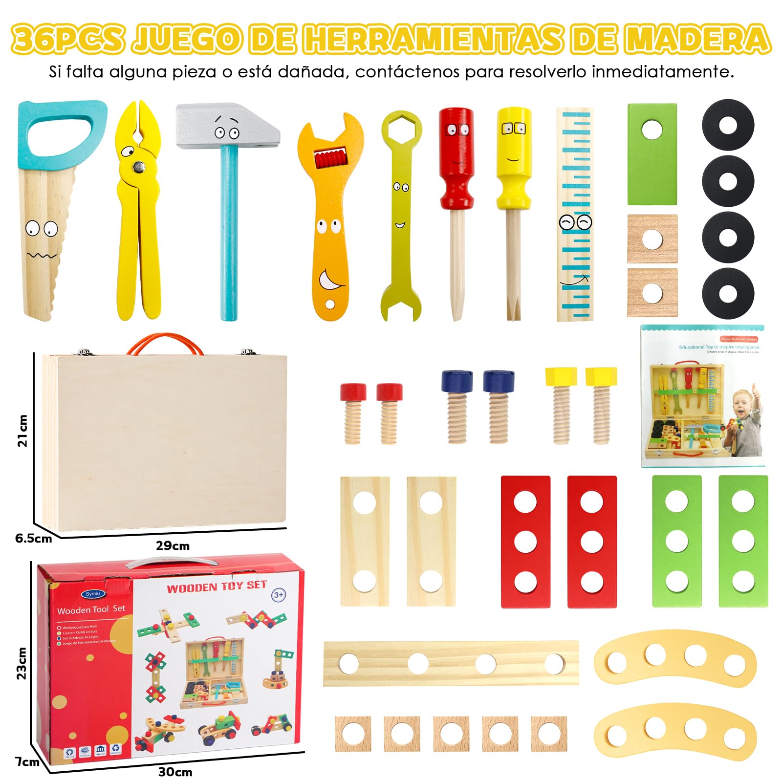 TONZE Caja Herramientas Juguetes Niños 3 Años Juguetes Madera Juegos Educativos 3 Años Regalo Niña 3 4 5 Años Bricolaje Construcciones Juguete Manualidades Maletin Herramientas (35 Piezas)