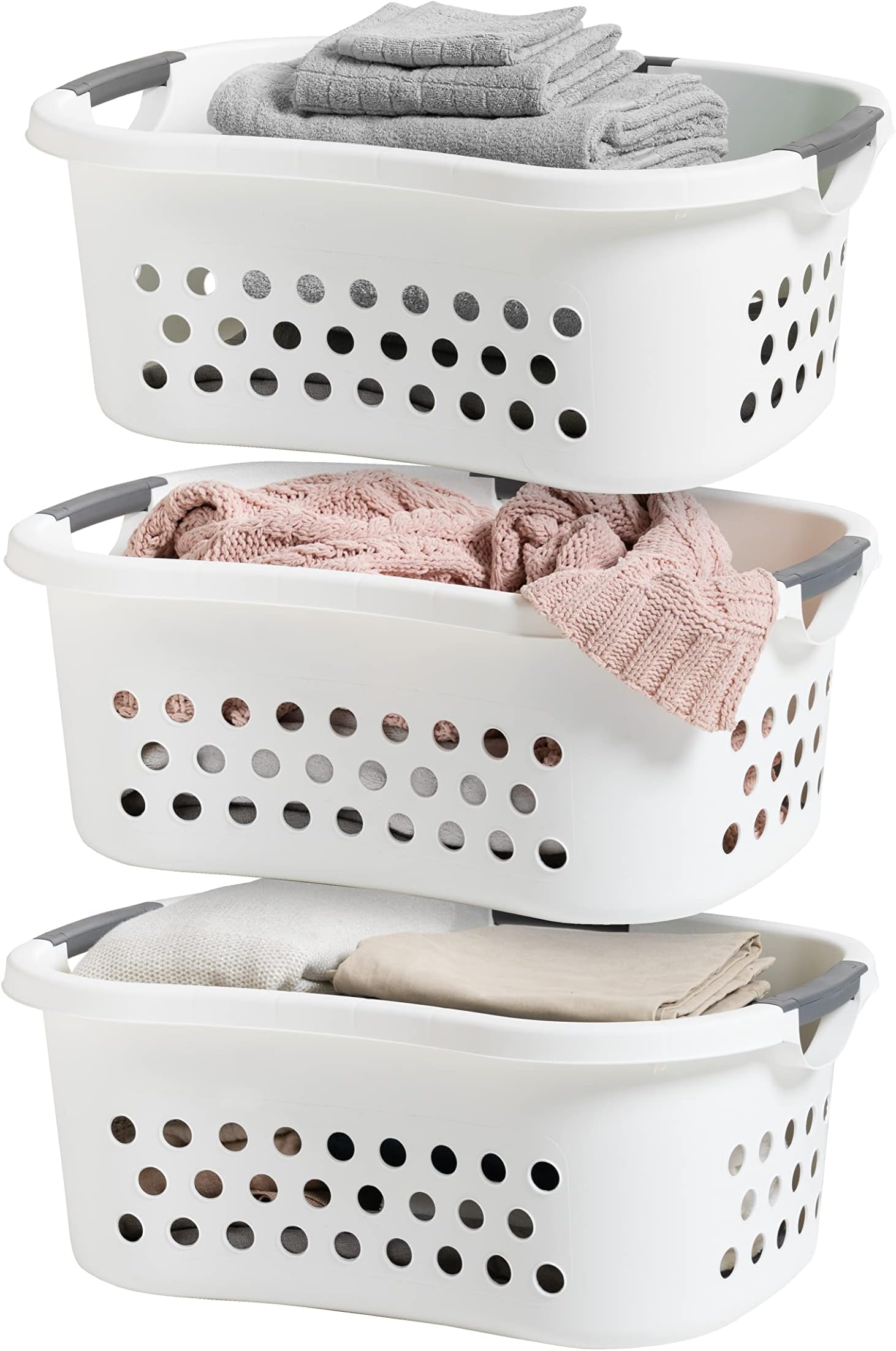 50L Plastic Hip Hold Laundry Basket with Built-In Comfort Carry Handles, 3 - Pack, 1.5 Bushel, Clothes Hamper, Laundry Hamper, Ventilation Holes, for Closet Dorm Laundry Room Bedroom, White