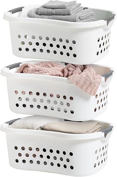 IRIS USA 50L Plastic Hip Hold Laundry Basket with Built-In Comfort Carry Handles, 3 - Pack, 1.5 Bushel, Clothes Hamper, Laundry Hamper, Ventilation Holes, for Closet Dorm Laundry Room Bedroom, White