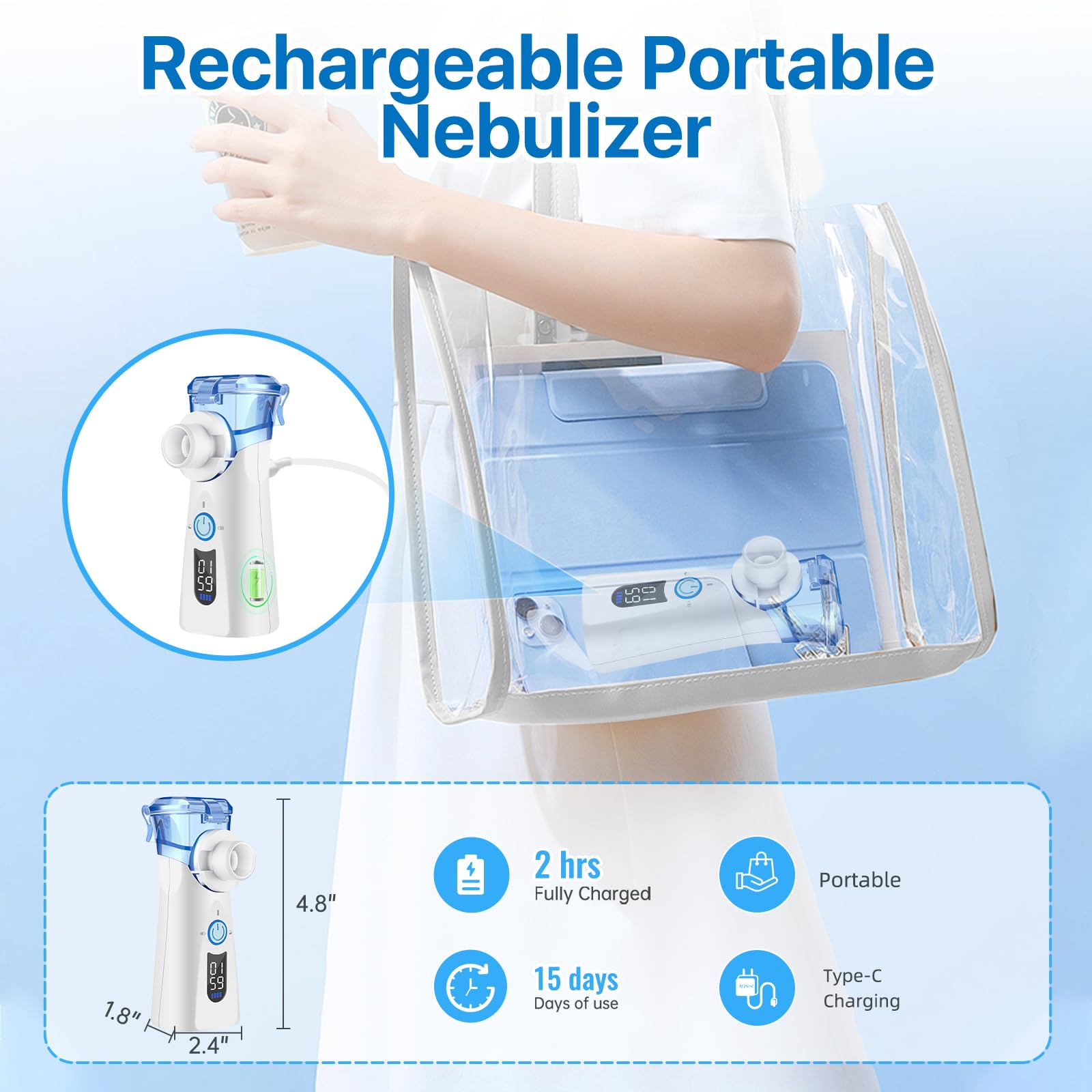 Ultracichy inhalator dla dorosłych i dzieci, inhalator, cyfrowy i samoczyszczący, przenośny, sterowany czasowo, typ C, ładowany, 2 maski, 1 ustnik (niebieski)