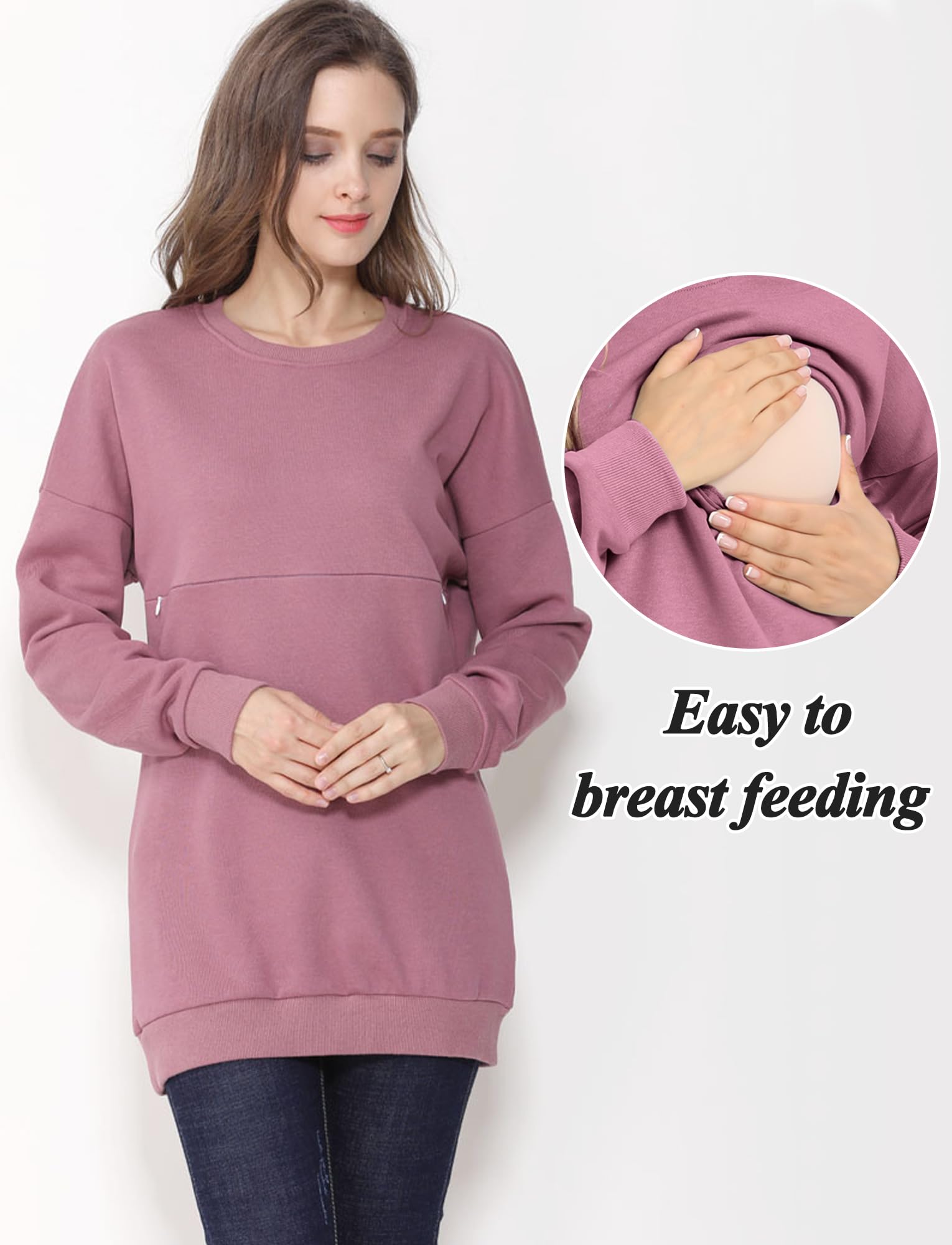 FEOYA Allaitement Sweatshirt Décontracté Enceintes Maternité Sweat-Shirt à Manches Longues Confortable Haut d'allaitement Vêtements de Grossesse Pull Chaud S-4XL