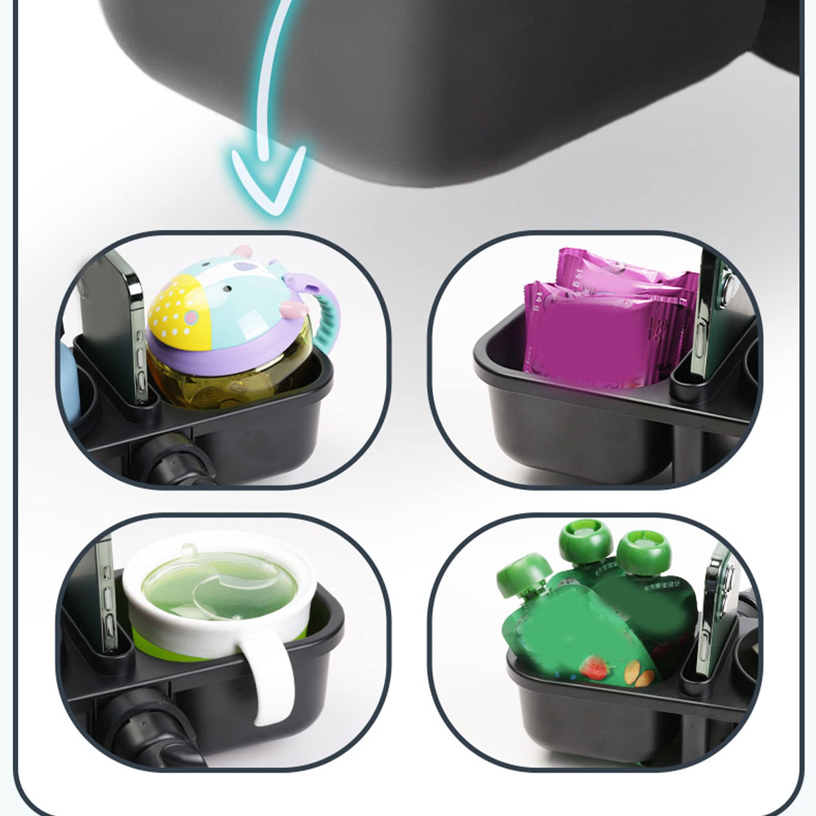Plateau à goûter pour poussette de bébé avec porte-gobelet 3 en 1, support de rangement réutilisable amovible avec boucle réglable, porte-gobelet pour landau, porte-gobelet réutilisable pour poussette