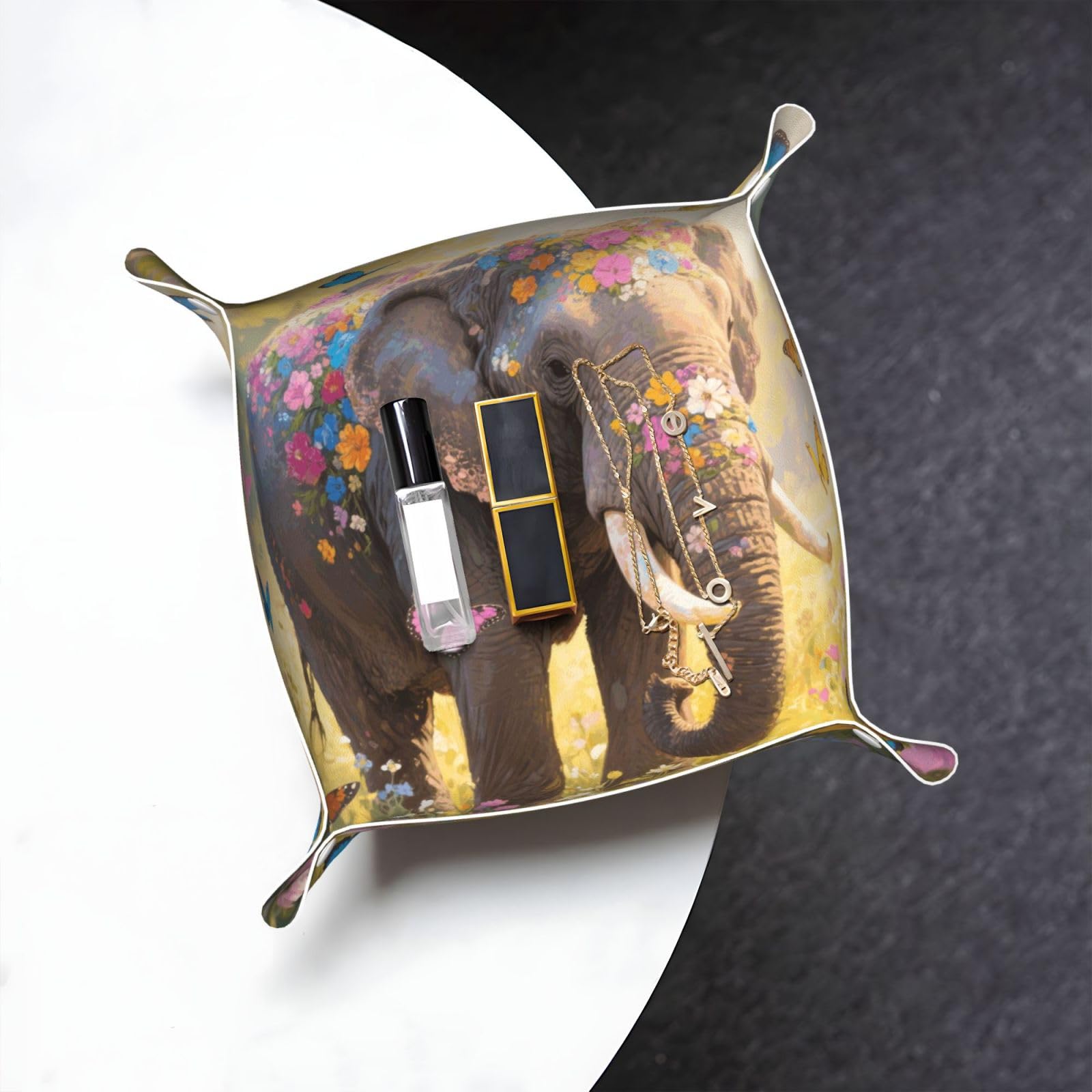 Butterfly Elephant Valet Tray Organizer Pu Leather Travel Catchall Tray Organizer Portable Jewelry Tray Storage Keys Tray for Entryway Table Coins Watches Candy