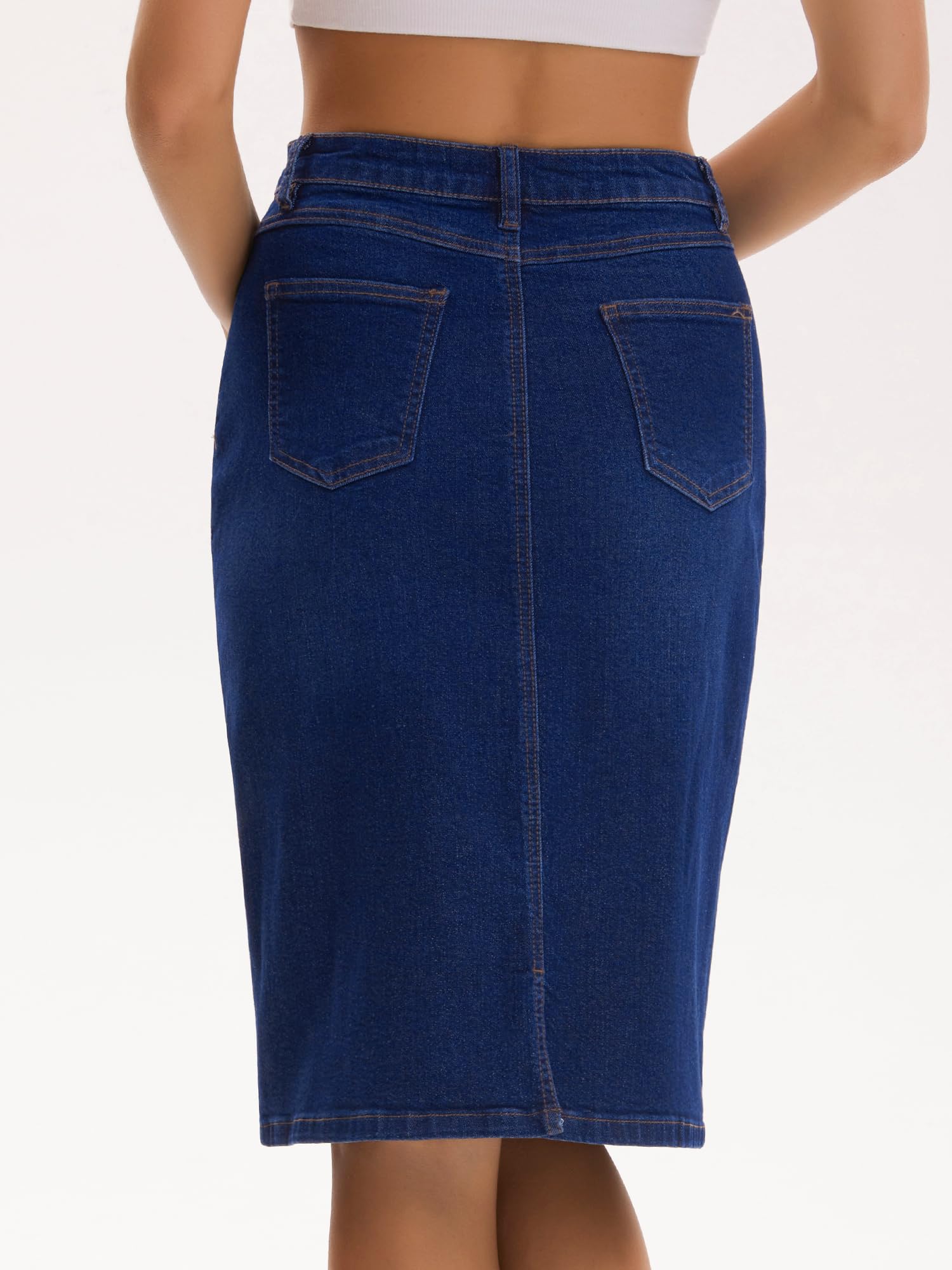 Damen Jeansrock mit Gehschlitz Stretch Knielang | Hohe Taille Gewaschener Stil Bleistiftsaum Reguläre Passform Knopf Reißverschluss mit 4 Taschen