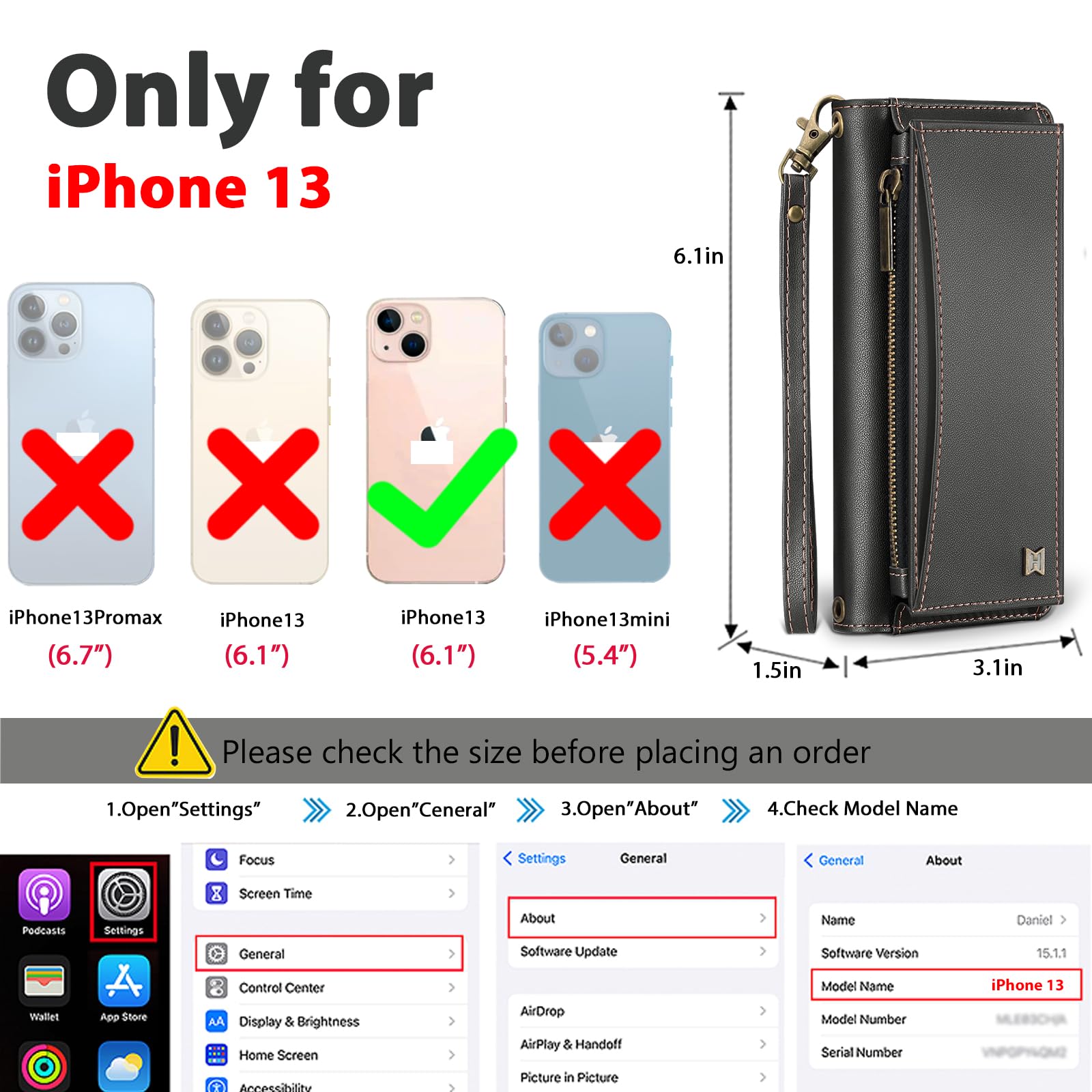 Custodia a portafoglio per iPhone 13 con porta carte di credito/portafoglio a tracolla/cinturino, blocco RFID, magnetica, cavalletto, staccabile, custodia in pelle PU per iPhone 5,2 pollici