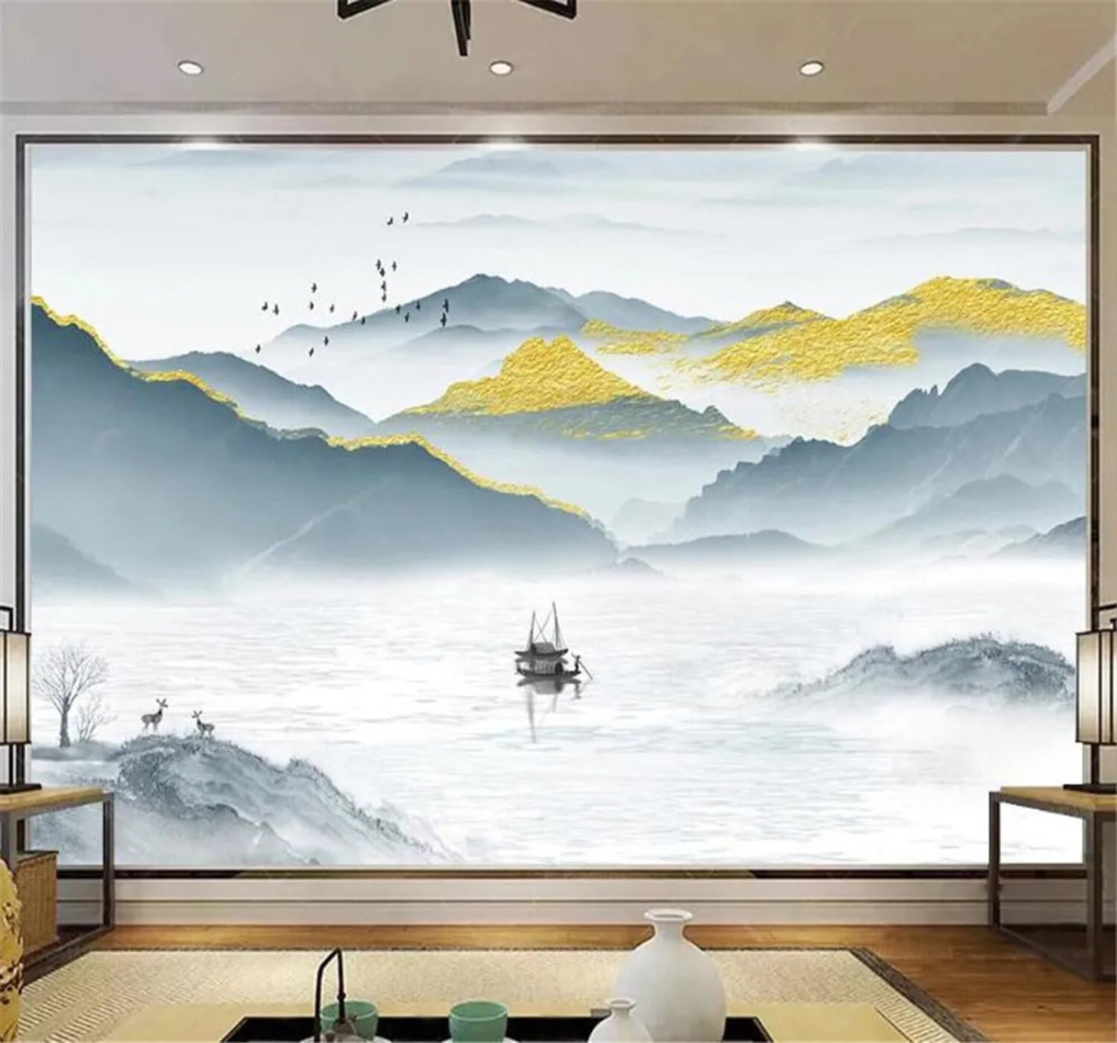 Tzxztt Contemporary Luxury Abstract Gold Landscape Scenery Modern 3D Wallpaper Premium Textured Silk Neutral Tones Material Ideal for Living Room Bedroom-200cm×140cm