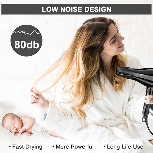 Miniatura 8 de Secador de pelo profesional de salón, secador de iones negativos de oxígeno activo con accesorios para secado rápido para la familia, bajo ruido