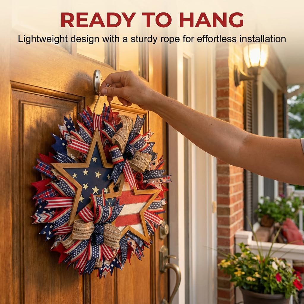 250th Anniversary Wreath, 2026 New Patriotic Round Wreath for Front Door, All-Weather Red White Blue Flower Wreath Outdoor Holiday Decoration, Farmhouse Wreath Memorial Day Front Door for Home Decor