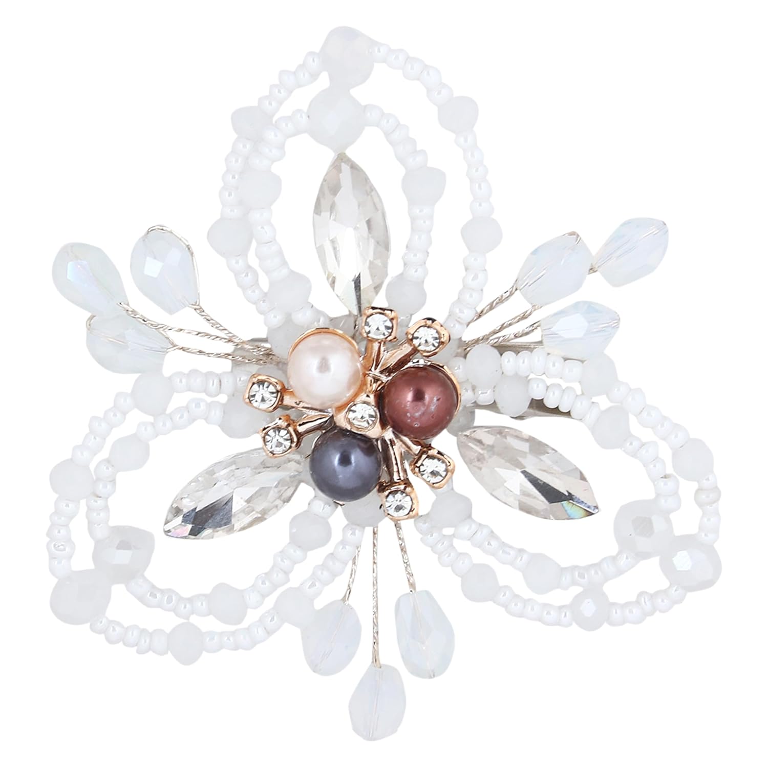 Floral Hair Clip with Faux Pearls and Gemstones, Whit