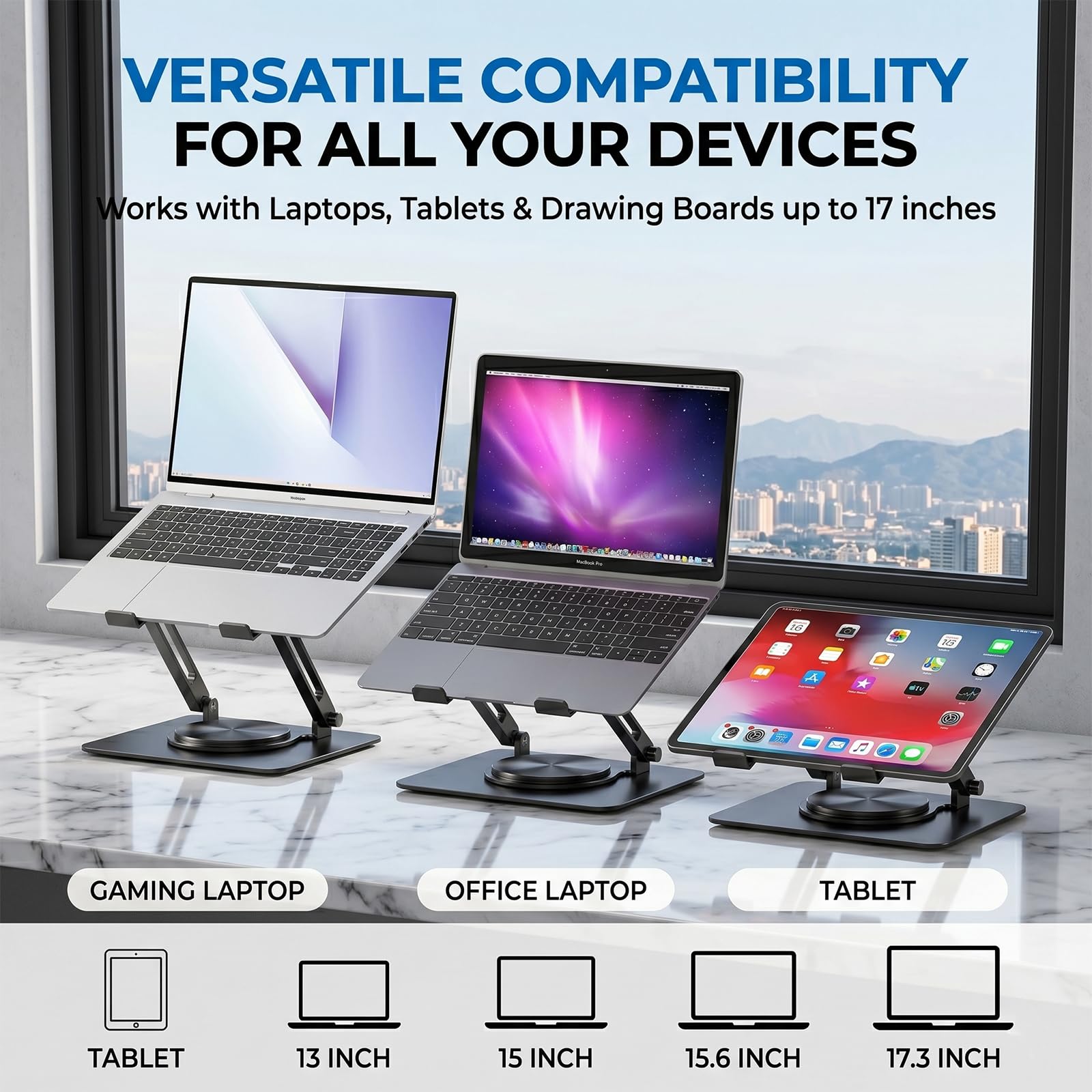 Supporto per computer portatile con doppia ventola di raffreddamento silenziosa, base girevole a 360°, supporto ergonomico per computer portatile, in acciaio al carbonio resistente, pieghevole