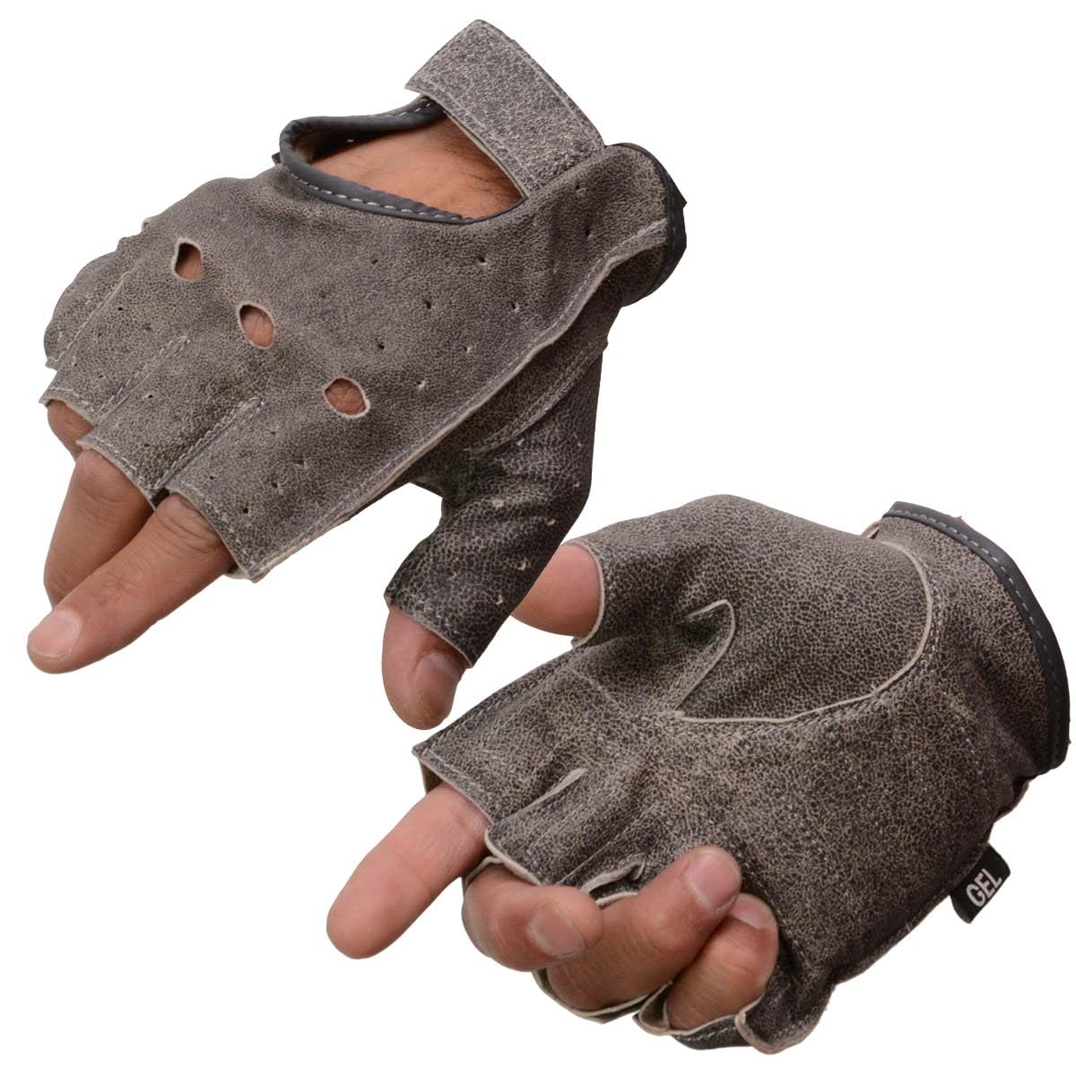 Milwaukee Leather MG7557 Mens Grey Leather Gel Padded Palm Fingerless Motorcycle Hand Gloves W Breathable Open Knuckle