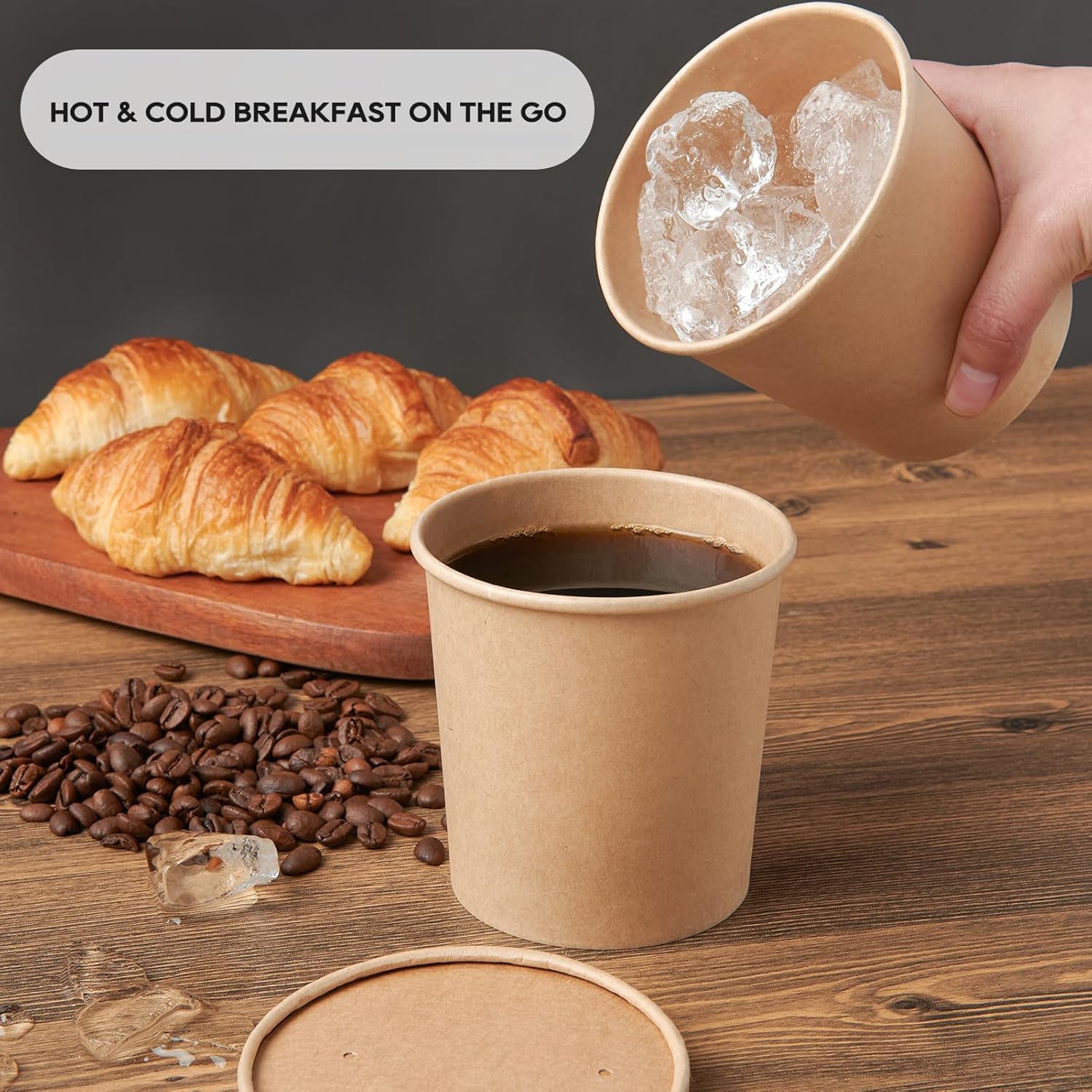 50 Pièces 16 OZ Tasses à Soupe Jetables avec Couvercle, Gobelets à Soupe à Emporter, Tasses à Soupe Carton, Gobelets en Papier à Glace, pour Micro-Ondes et Aliments Surgelés (Couvercle Brun)