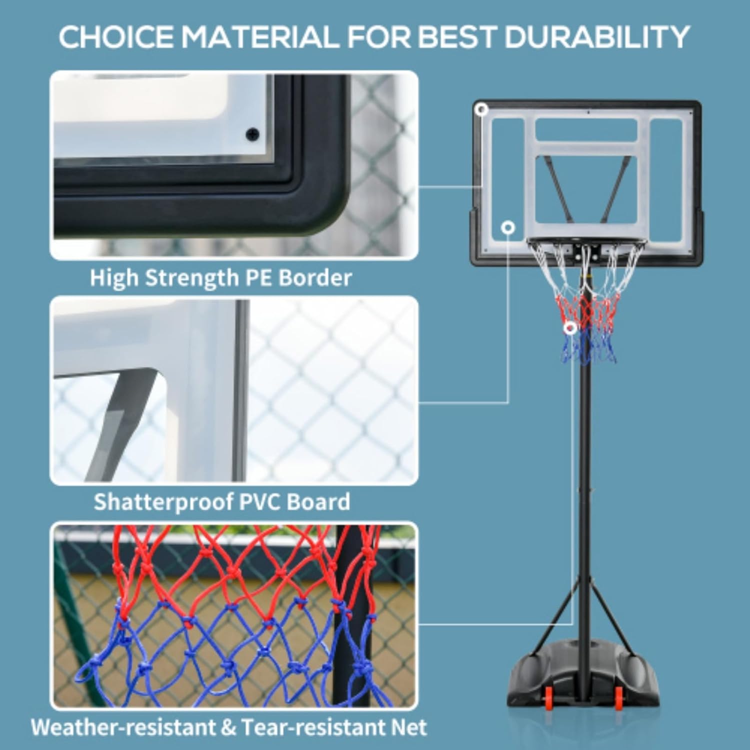 Portable Basketball Stand, Outdoor Basketball Stand, 5.5 Ft - 7.5 Ft Height Adjustable, with 33 Inch Backboard and Wheels, Suitable for Children, Teenagers and Adults