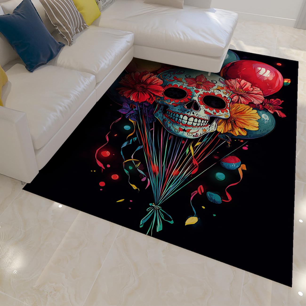 Dywaniki 240 x 300 cm zmywalny dywan kwiatowy Dzień Zmarłych czaszka dywan do salonu jadalni kolorowe balony kwiatowe cukier czaszka cienkie dywaniki