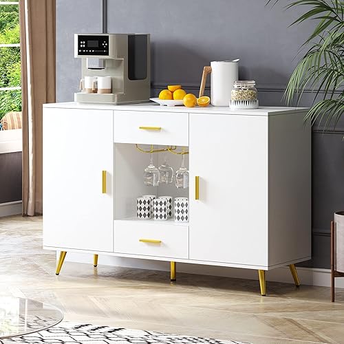Miniatura 8 de YITAHOME Armario de bufé aparador y bufé con almacenamiento Credenza con estante ajustable soporte para copa de vino cajones cómoda moderna blanca y