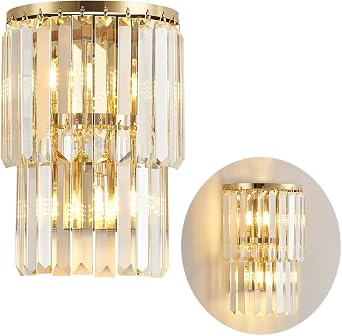 Siljoy 2-Lights Modern Crystal Wall Light, 2-Tiers Crystal Bedside Wall Mount Lighting Fixture, Mirror Gold Stainless Steel K9 Crystal Wall Sconce for Bedroom Living Room Hallway H10 x L8