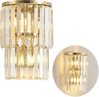 Siljoy Modern Crystal Wall Light, 2-Tiers Gold Stainless Steel Bedside Wall Sconce