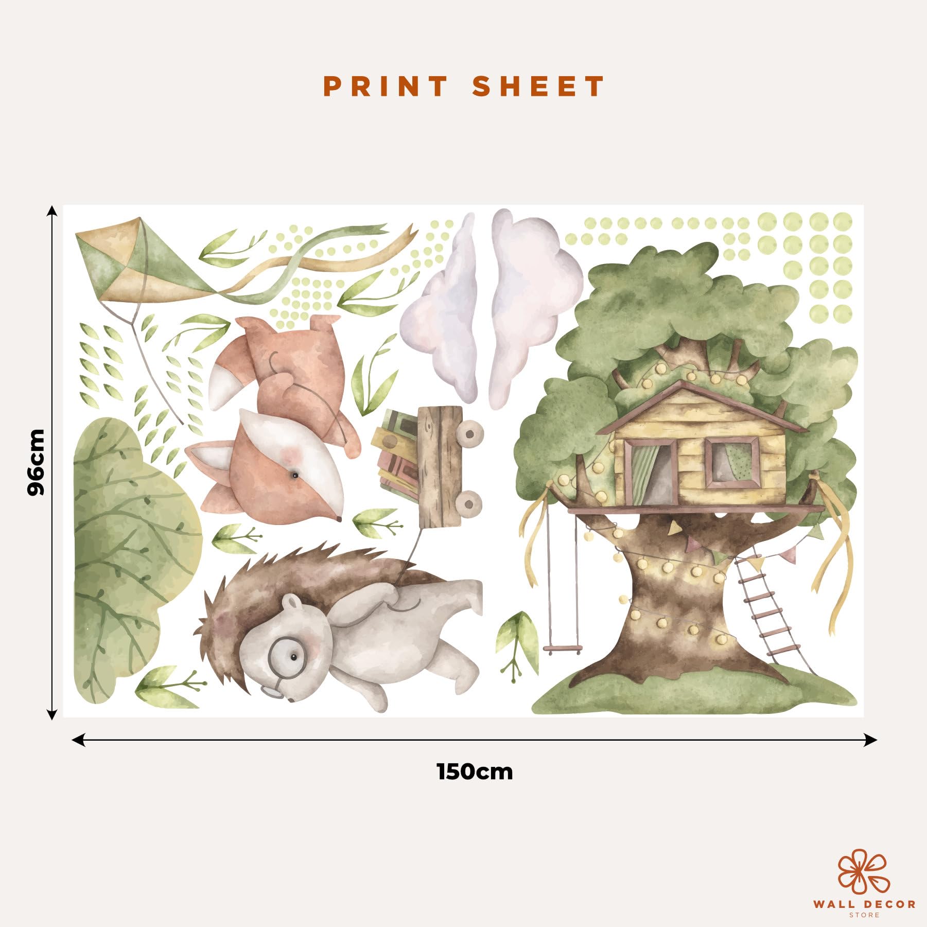 Store Adesivi Murali Bambini con Animali del Bosco: Volpe, Riccio e Casa sull’Albero, Decorazioni Cameretta Woodland Adventures, PVC Opaco, 150 x 96 cm, Made in Italy