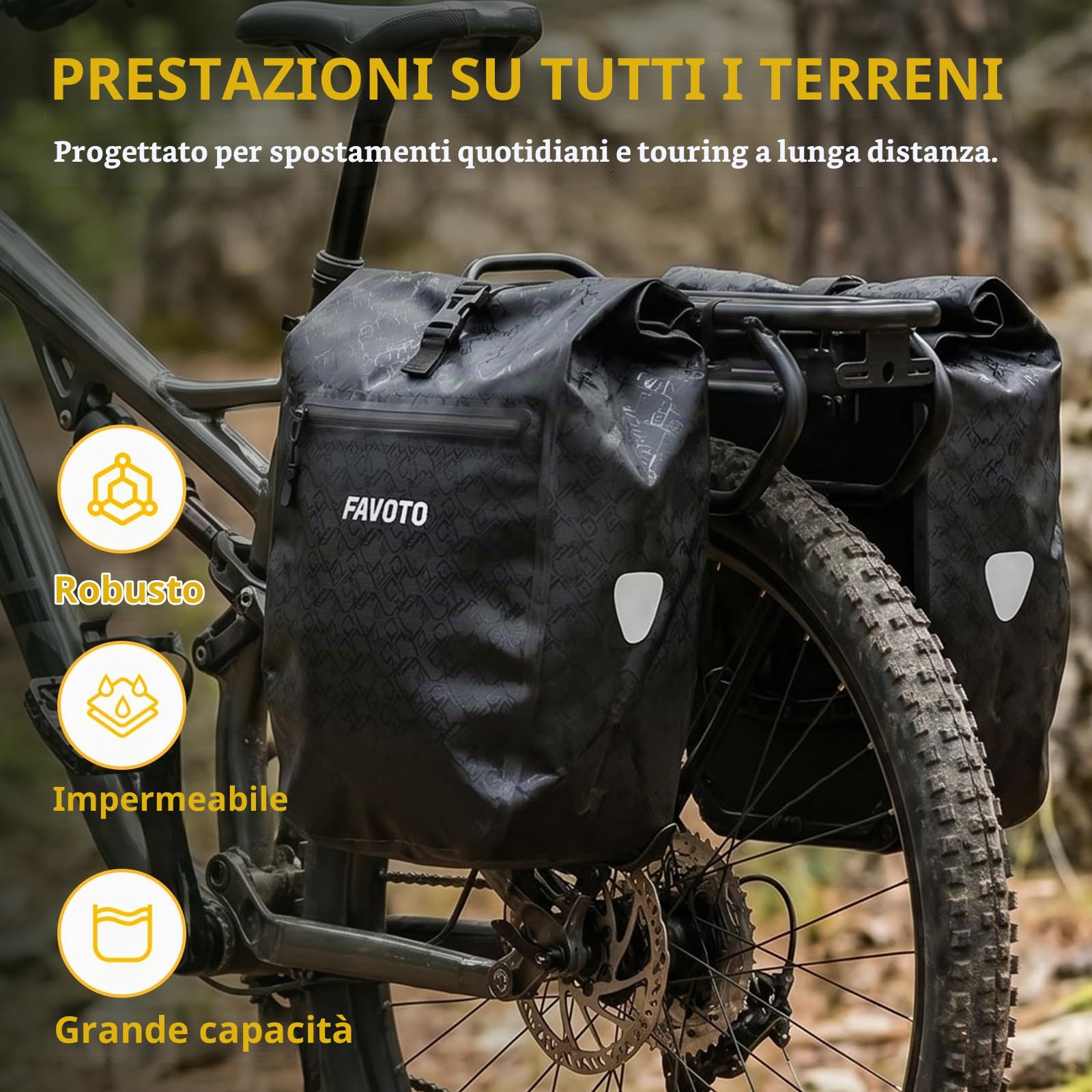 Favoto Borsa per Portapacchi Posteriore Bicicletta, 56L (2×28L) | Impermeabile, 48L, design riflettente e sgancio rapido con borsa interna. Adatta per bici elettriche e mountain bike