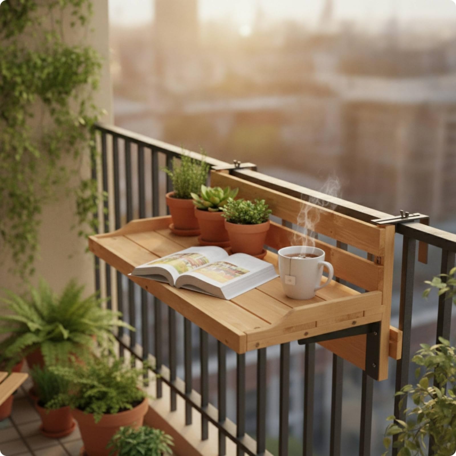 Tavolo Sospeso da Ringhiera Compatto Mensola da Balcone con Staffe Resistente per Terrazzo, 60cm, Carbonizzato