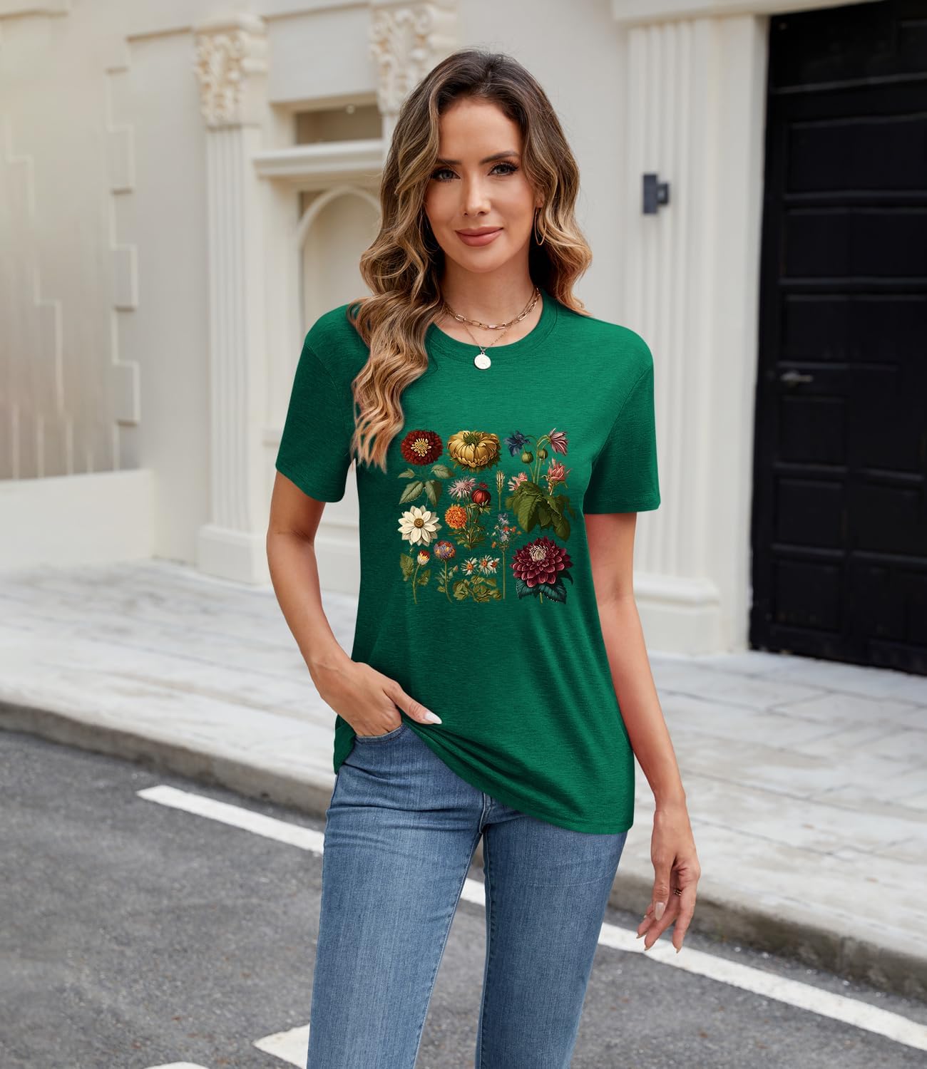 Womens Summer Cute Graphic Short Sleeved Tops Crew Neck Printed Nature Tshirts Tops - Image 3