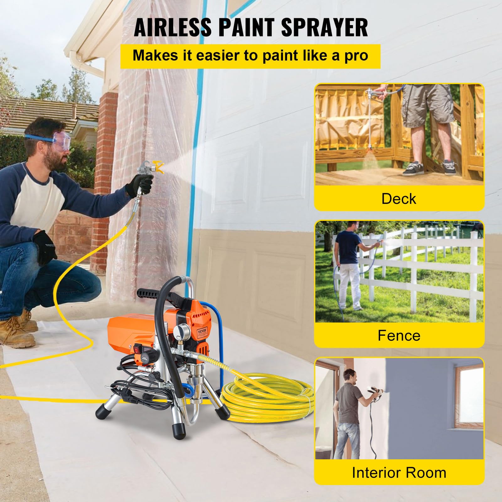 VEVOR Système de Peinture par Pulvérisation 2000 W, Pulvérisateur sans Air avec Tuyau Haute Pression, Pistolet de Peinture Mural 3000 PSI, pour Peinture à Base d'eau d'Huile Intérieure Extérieure