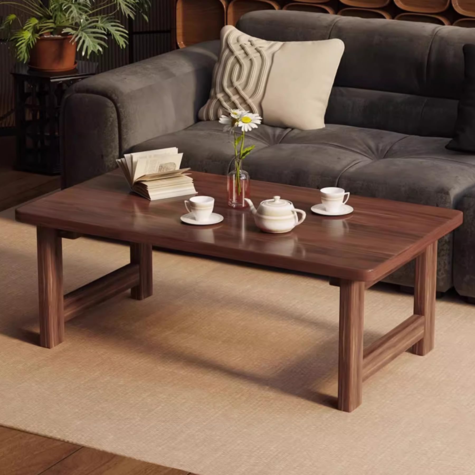 Japanese Floor Table Foldable Low Table for Sitting on The Floor No Assembly Unique Portable Folding Coffee Table Easy Storage Tea Table for Tatami Home Office Living Room