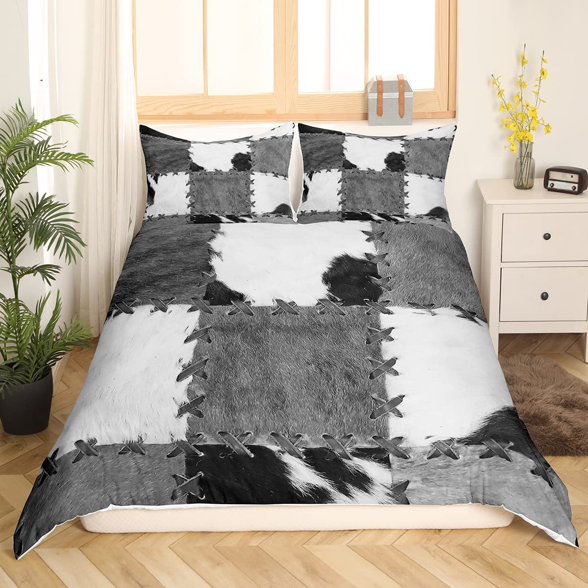 Juego de ropa de cama de piel de vaca Super King con estampado de piel de vaca para adultos, hombres, adolescentes, funda de edredón de vaca occidental, funda de edredón de granja de vaquero