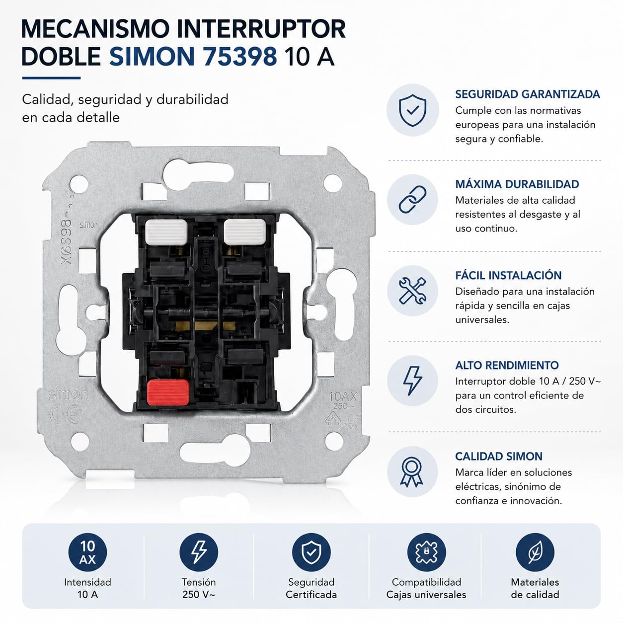 CABLEPELADO Grupo de 2 interruptores | Mecanismo Doble Interruptor | 10 AX 250V | con sistema de emborronamiento rápido | Apto para series Simon 75, 82 y 88
