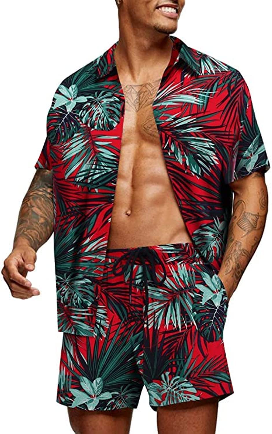 NB 2 Piece Men's Hawaiian Shirts Flower Shirt Sets,Shirt and Shorts Casual Short Sleeve Shirt Suits Summer Beach Vacation Outfits Sets - 3XL
