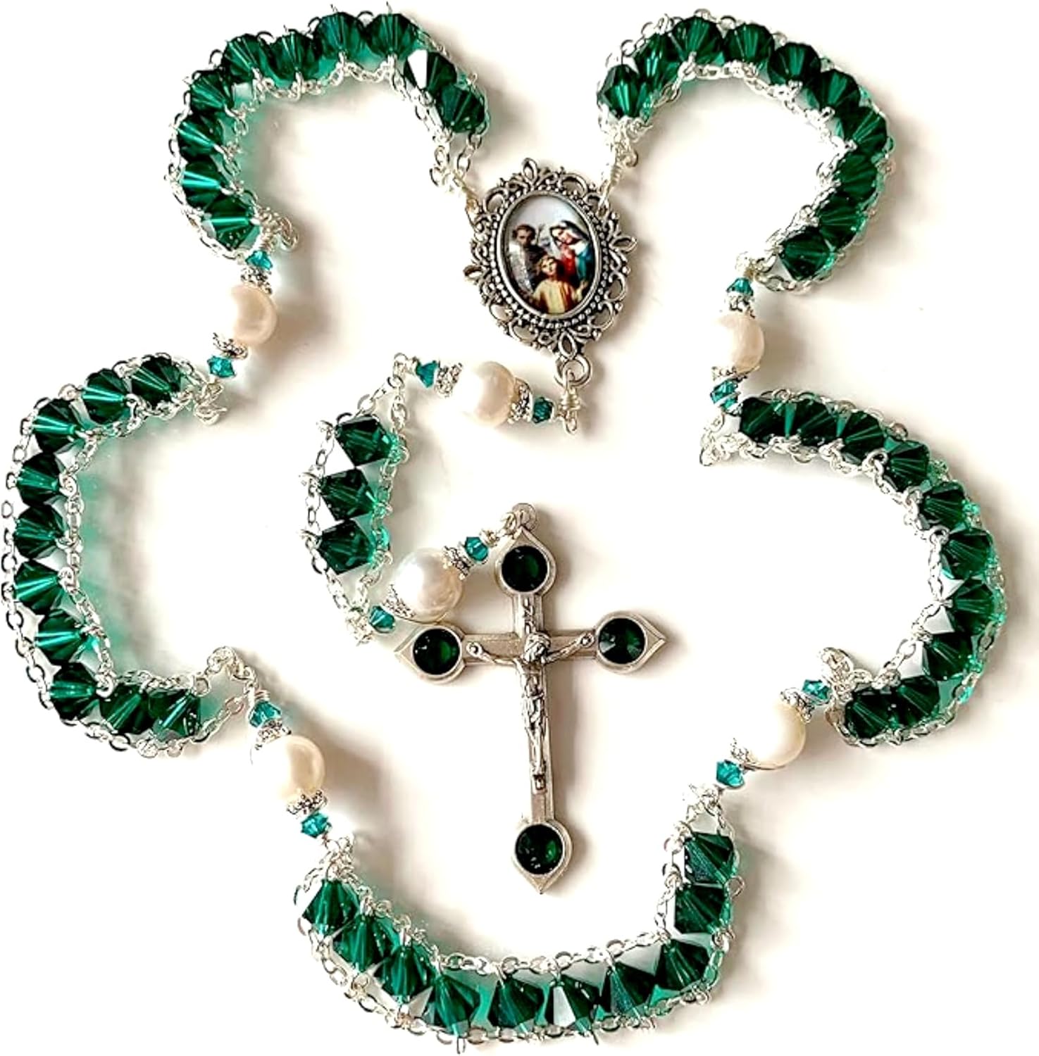 elegantmedical Ladder to Heaven Green Crystal & AAA10MM Pearl Beads Catholic Rosary Cross crucifix Necklace gift