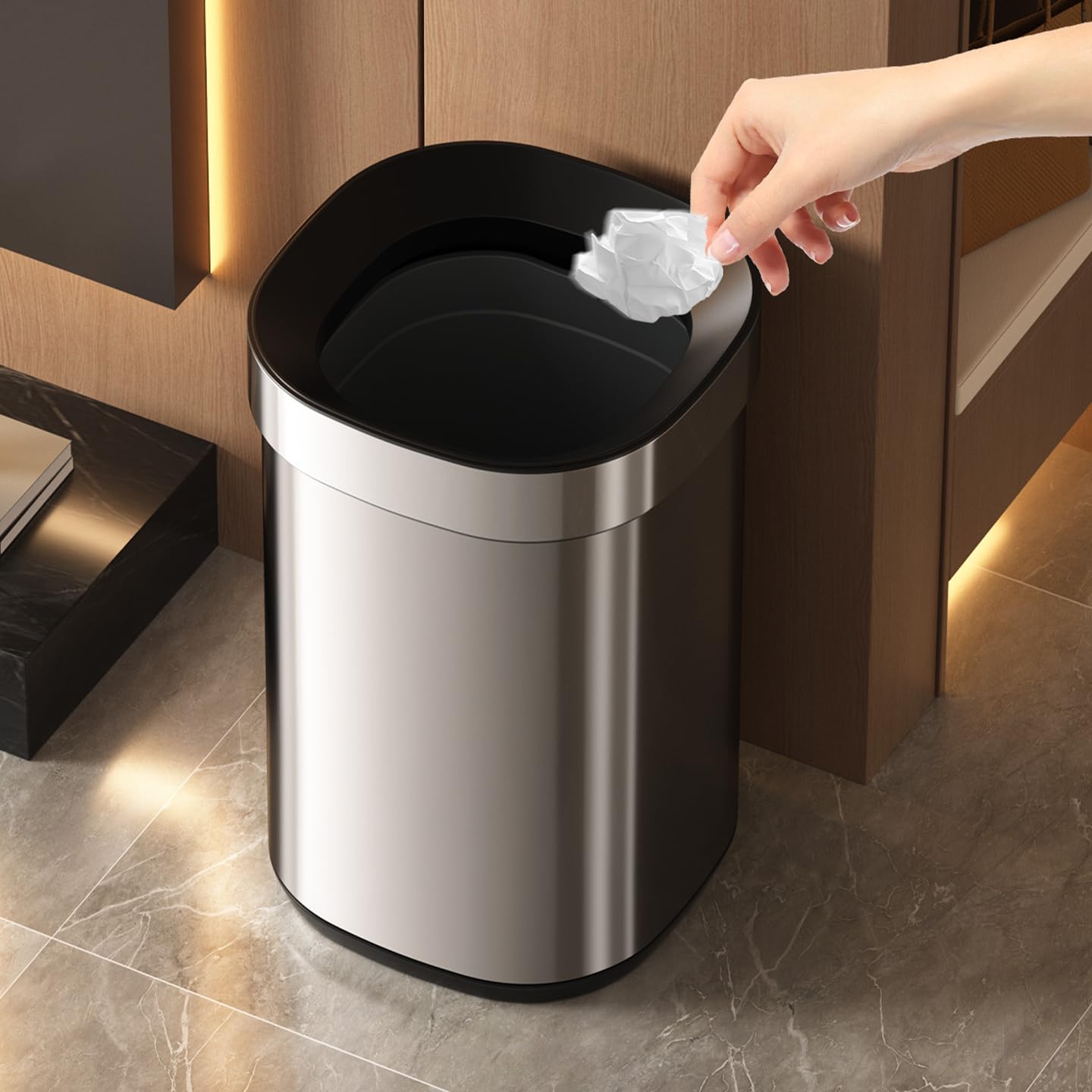 15L/4Gal Brushed Stainless Steel Trash Can Without Lid,Two Layers with Inner Lining for Bathroom,Silver Trash Can for Bedroom,Living Room,Hotel,Office (4GAL)