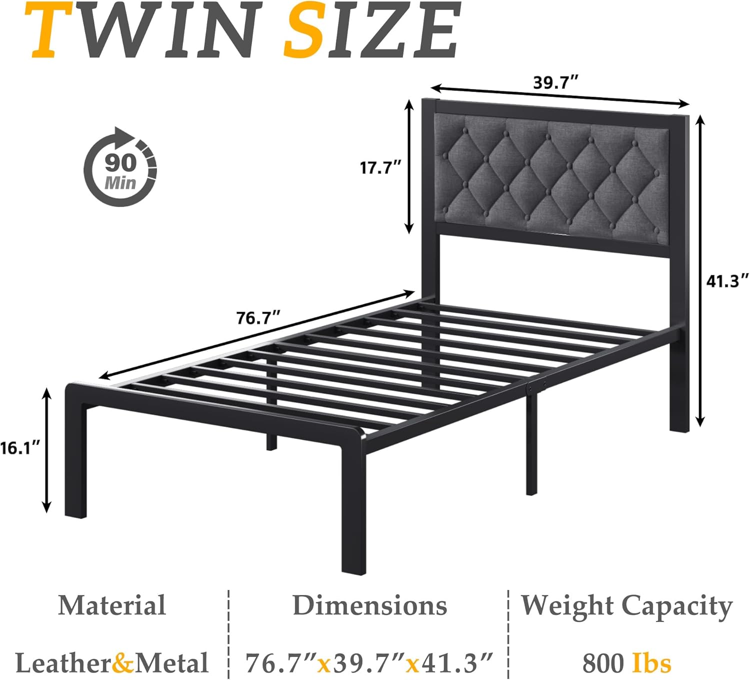 HISOFT Twin Bed Frame with Upholstered Button Tufted Headboard, Bed Frame Platform Metal Slats Support, Under Bed Storage, No Box Spring Needed, Noise-Free, Easy Assembly, Grey
