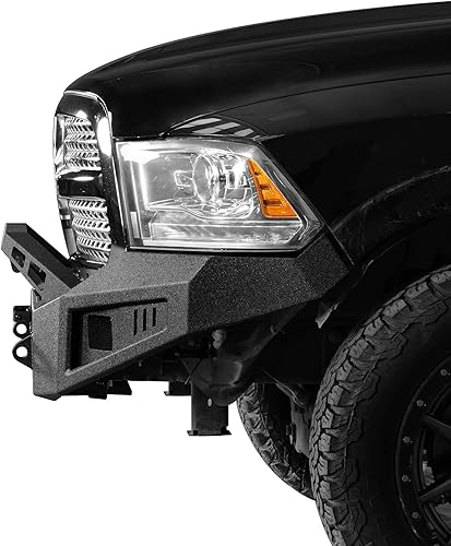 Vista 4 de Hooke Road Parachoques delantero Ram 1500 con placa de cabrestante y luces LED para camionetas Dodge Ram 1500 2013 2014 2015 2016 2017 2018