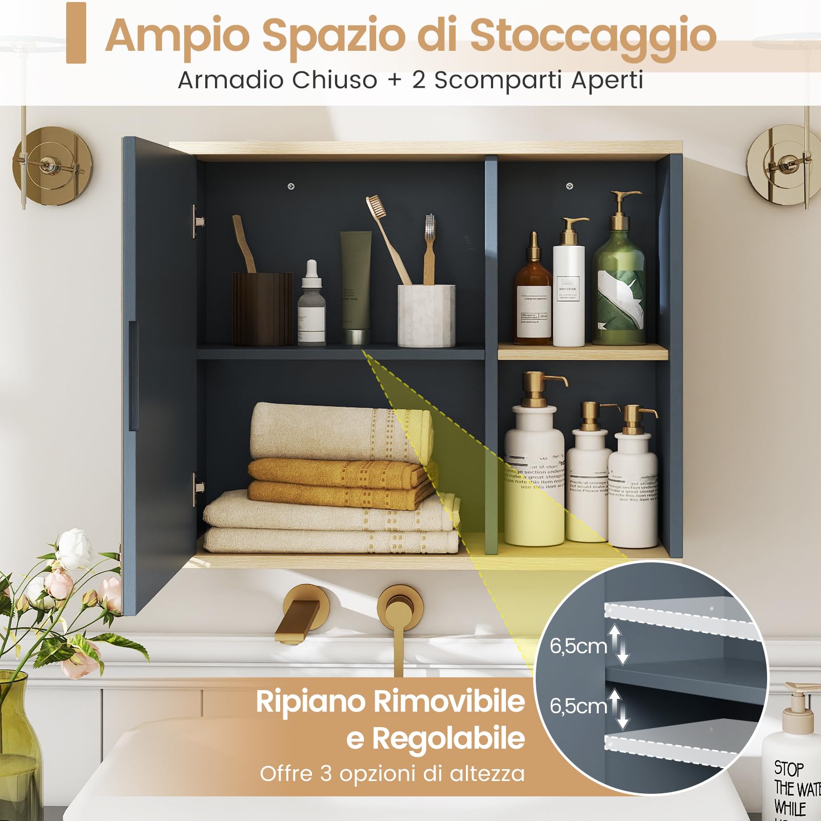 COSTWAY Armadietto Specchio Bagno, Specchiera Bagno da Parete con Porta Specchiata, Ripiano Regolabile e Scomparti Laterali Aperti, Specchio Contenitore Salvaspazio per Soggiorno 60 x 20 x 50 cm