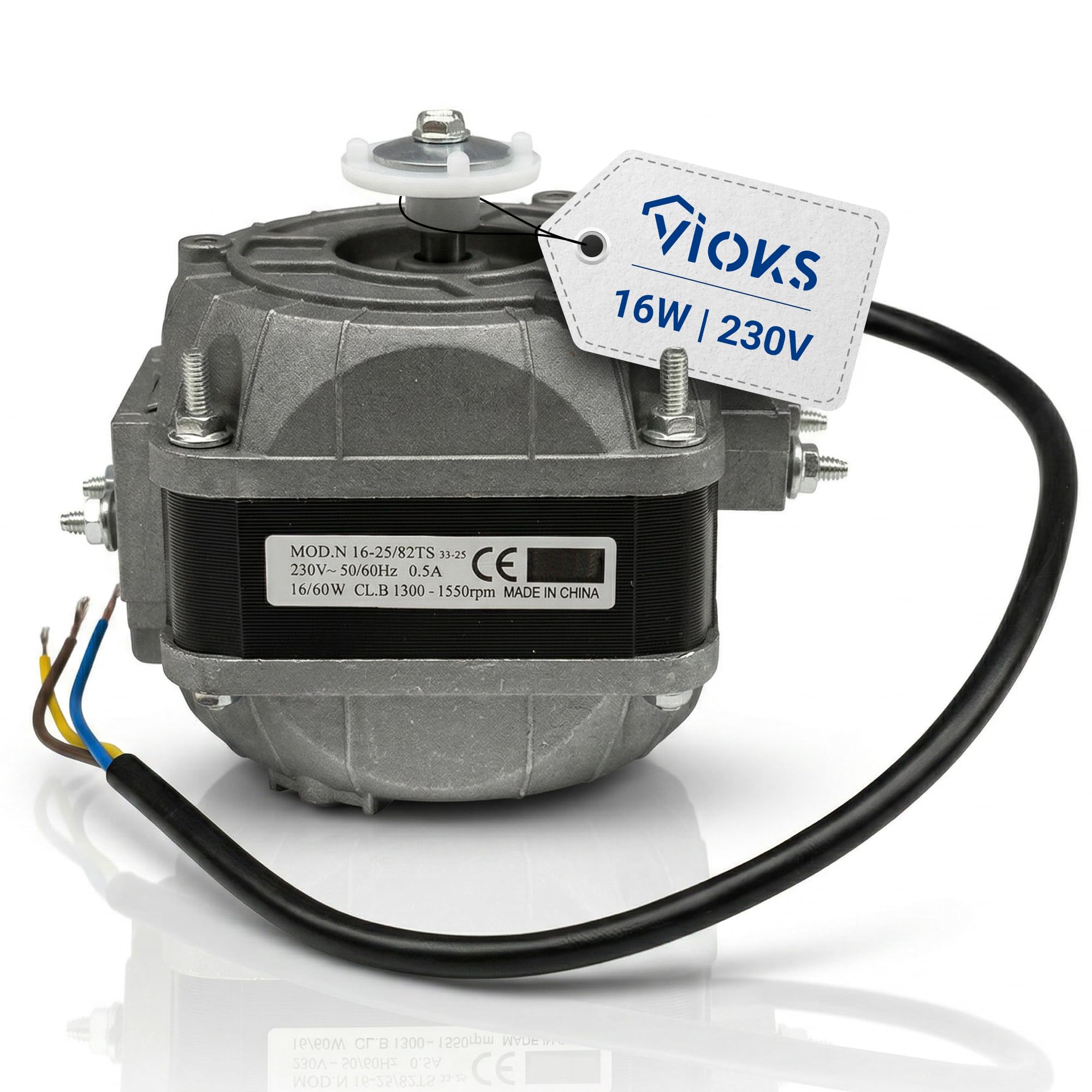 VIOKS Kühlschrank-Lüftermotor Universell 16W (16/60W) 230V 50/60Hz 0.5A | Kühlschrankventilatormotor Gebläsemotor, CLB 1300-1550rpm, für viele Kühlschrankmodelle
