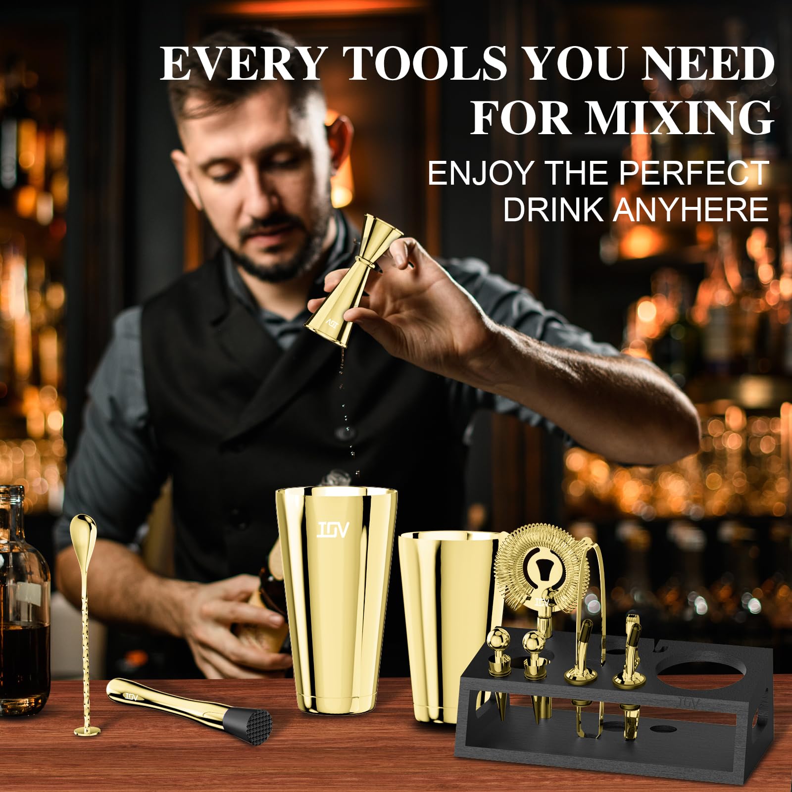 IOV Cocktail-Shaker-Set: 12-teiliges Mixology Barkeeper-Set | 453.6 g & 793.8 g Boston Shaker Drink Mixing Tools für Zuhause mit Rezeptheft und Ständer | Lustiges Einweihungsgeschenk (Gold)