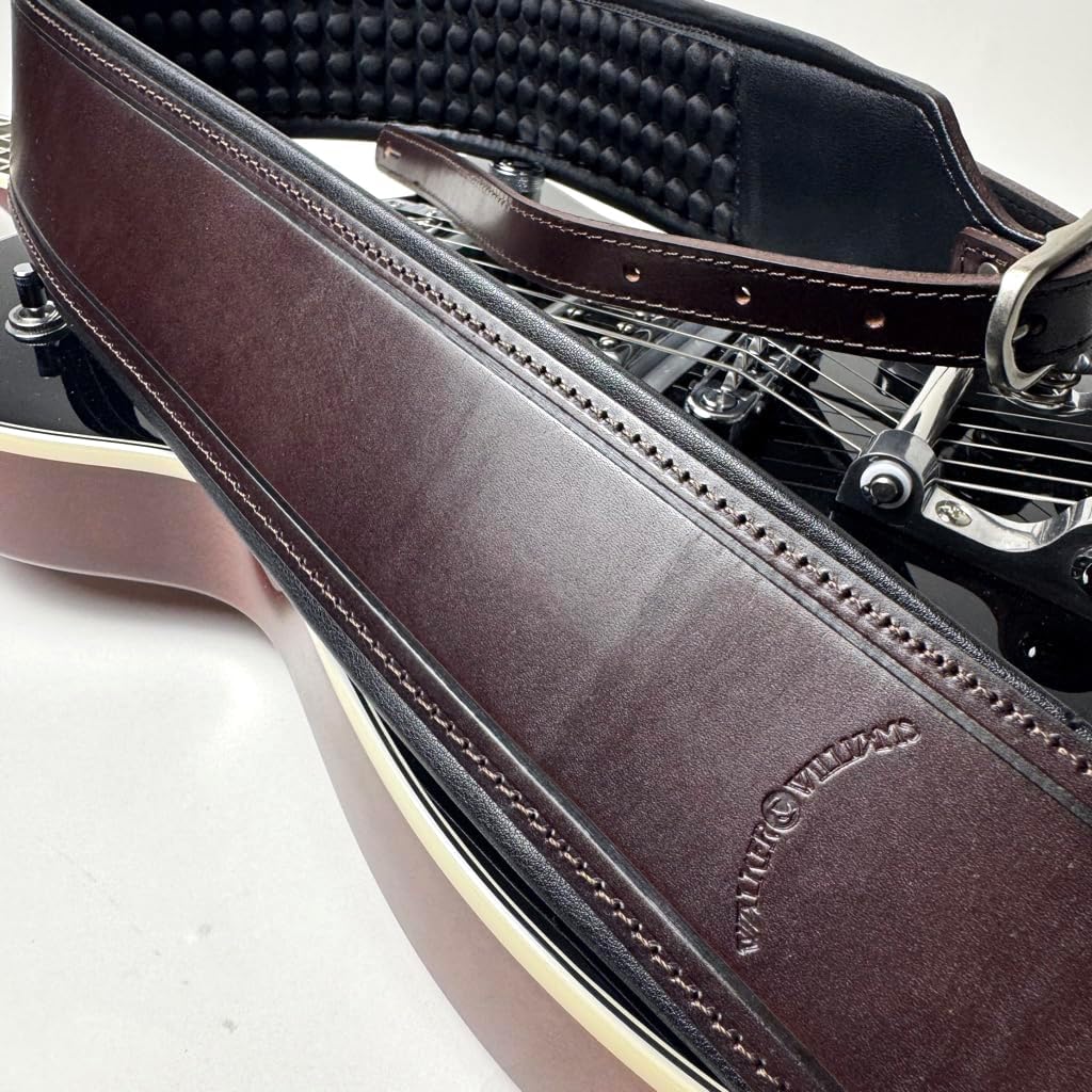 Walker And Williams FPB-43 Super Premium Full Length Grain Leather Air Cell Neoprene Backed Guitar Strap In Dark Hickory Brown Finish, Aged Nickel Buckle For Acoustic, Electric, And Bass Guitars.