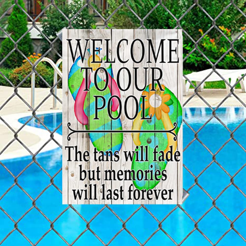 Amabro Cartello con scritta Welcome to our pool, 30,5 x 20,3 cm, decorazione in metallo, stile retrò, cartello di benvenuto per piscina, stile