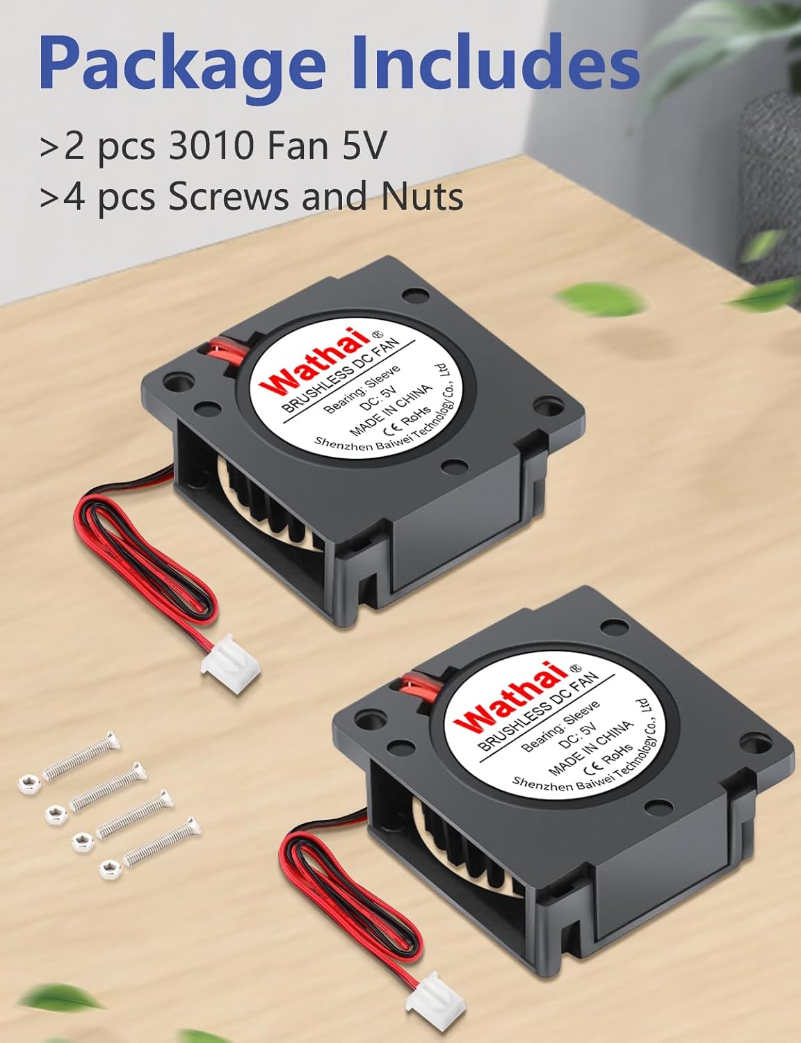 Two Wathai 30x10mm 5V DC Blower Fans with included mounting screws and nuts.