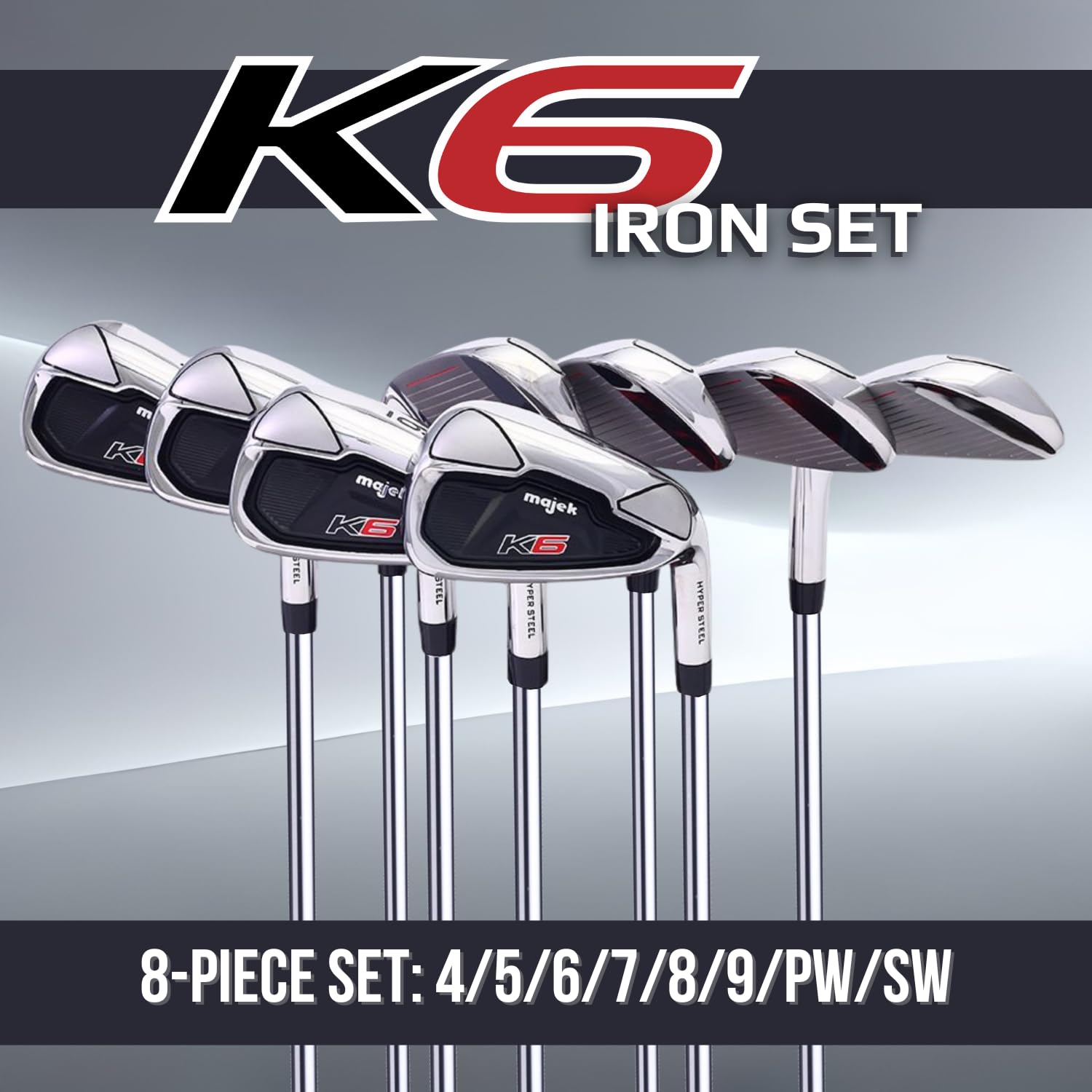 Majek K6 Iron Set Complete 8-Piece Men's Iron Set (4-PW, SW) Right Handed Steel Shaft Regular Flex R Flex Club