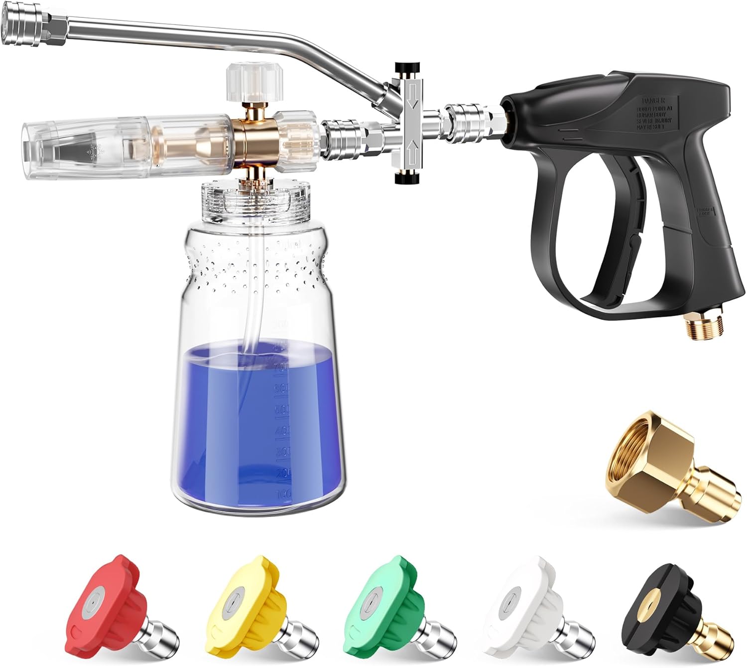 Short Pressure Washer Gun with Foam Cannon, 1/4 Inch Quick Connector, with 5 Pressure Washer Nozzle Tips, 1 Liter